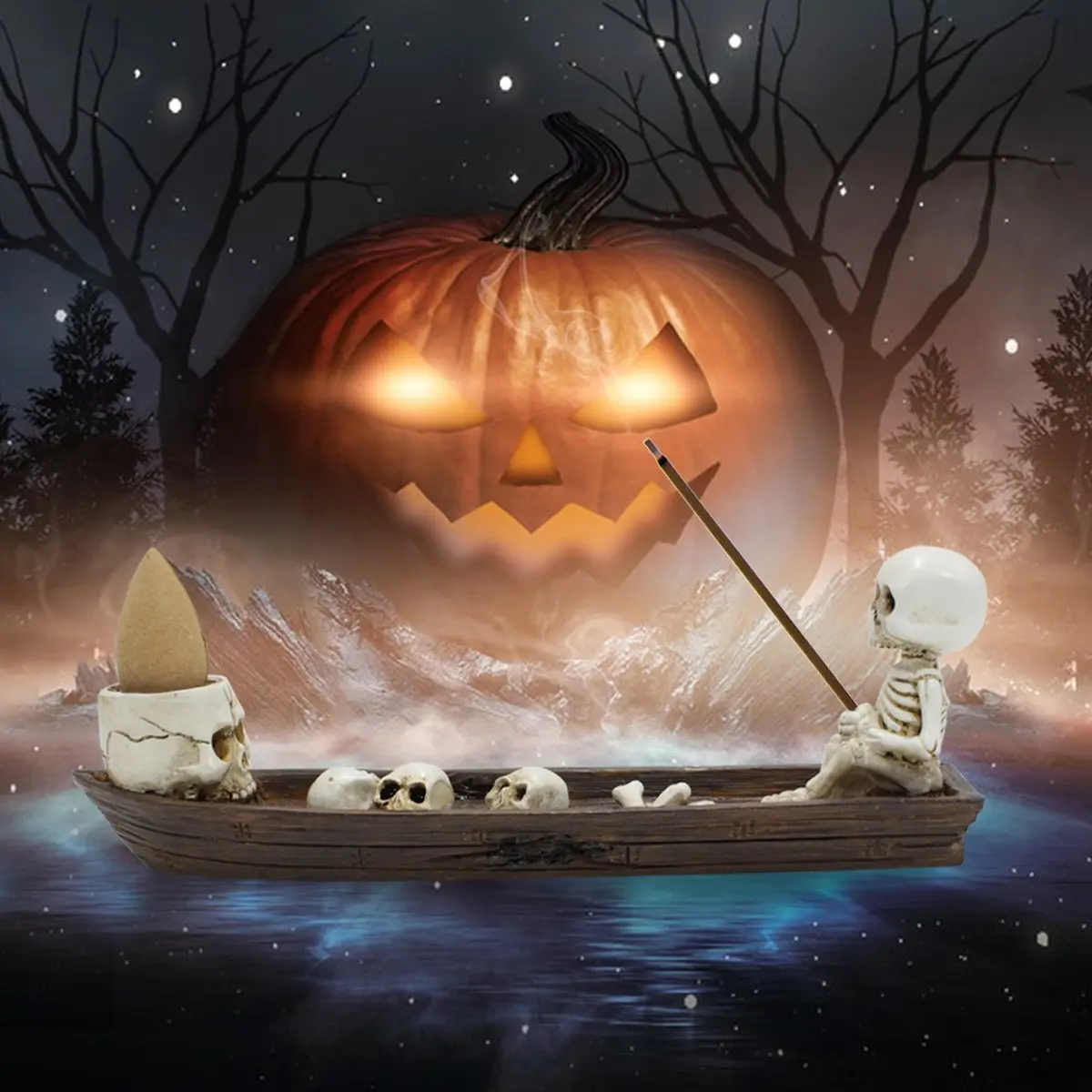 Creative Skeleton Fishing Boat Design Incense Burner, Backflow Smoke Effect Incense Burner with Incense Sticks & Fragrance Blocks, Halloween Gift, Scented Home Fragrance, Spooky