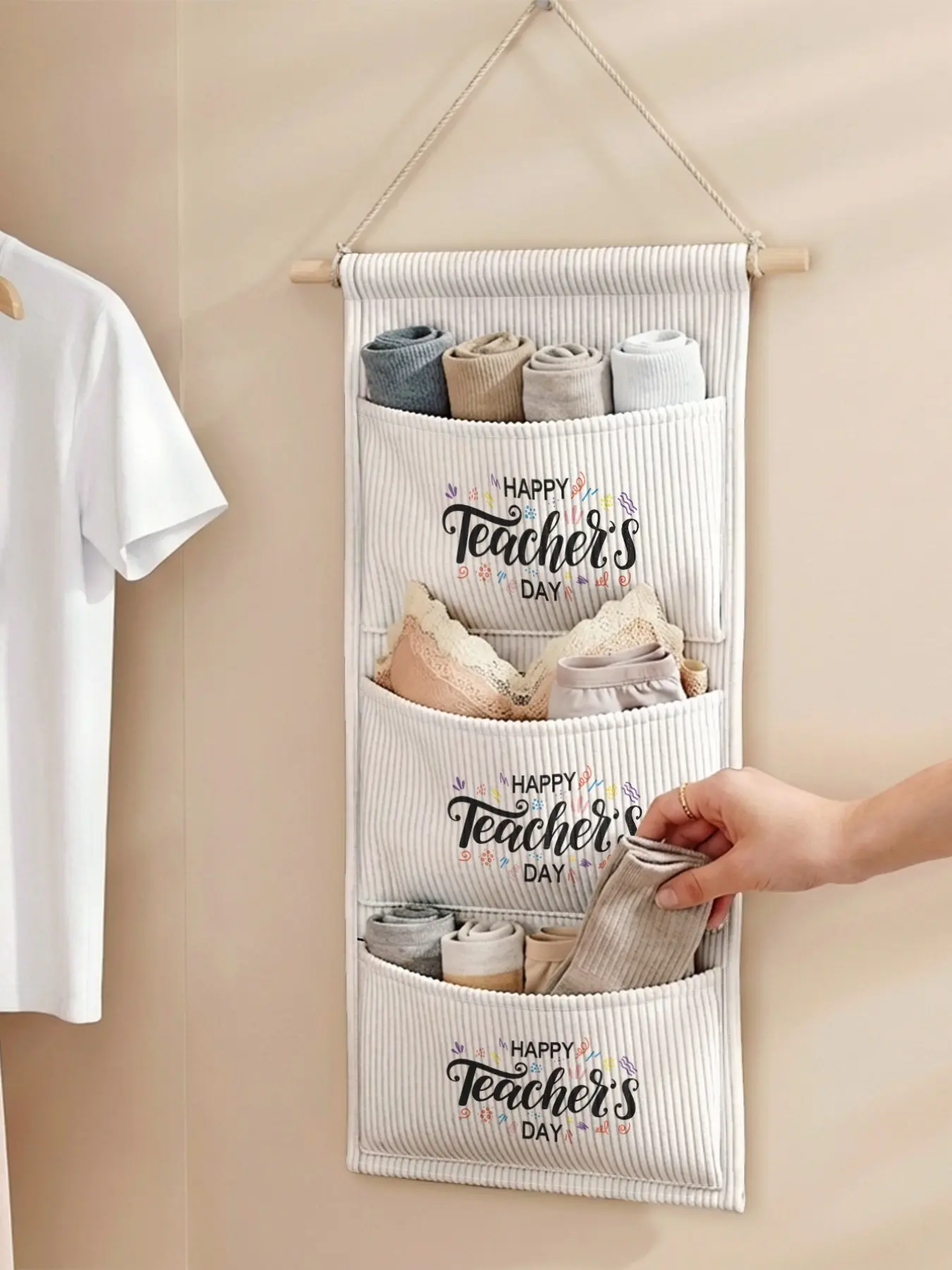 1pc Kitchen Door Hanging Storage Bag, Happy Teacher's Day Print, Three-Layer Multi-Compartment, Organize Kitchen Clutter, Essential for Renters