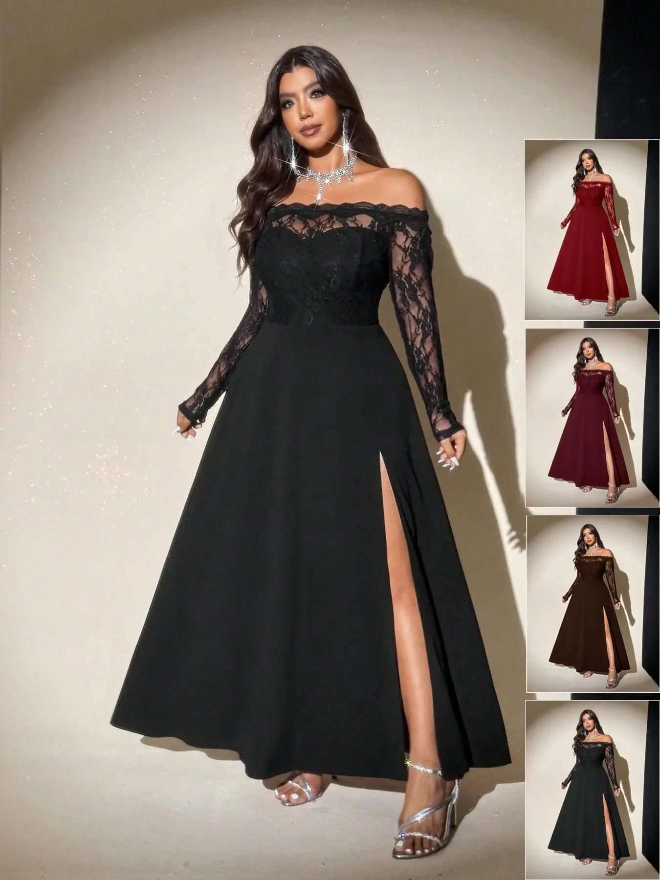 Plus Size off Shoulder Lace Maxi Dress, Long Sleeve Floral Bodice, High Slit Flowy Formal Gown, Dress for Weddings & Parties
