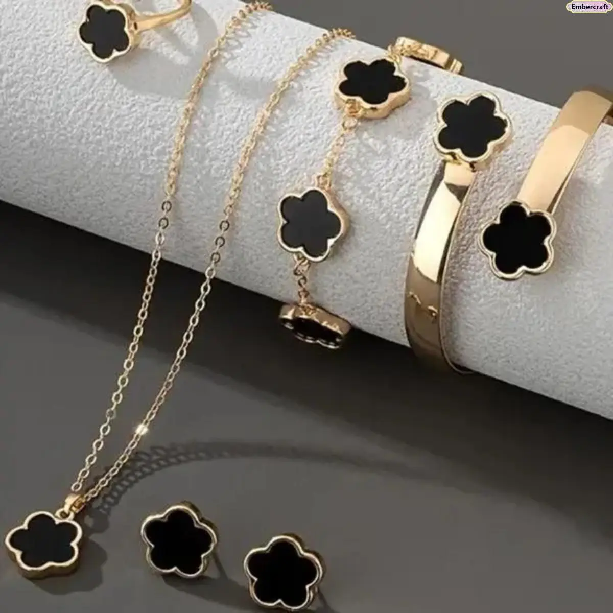 Women's 5PCS Dainty Lucky Floral Design Costume Jewelry Set - Rings Set, Necklace, Bracelet, Earrings - Elegant Party Wear Accessories for Wedding, Gifting, Earring For Women, Meaningful Gifts, Alternative Jewelry Sets