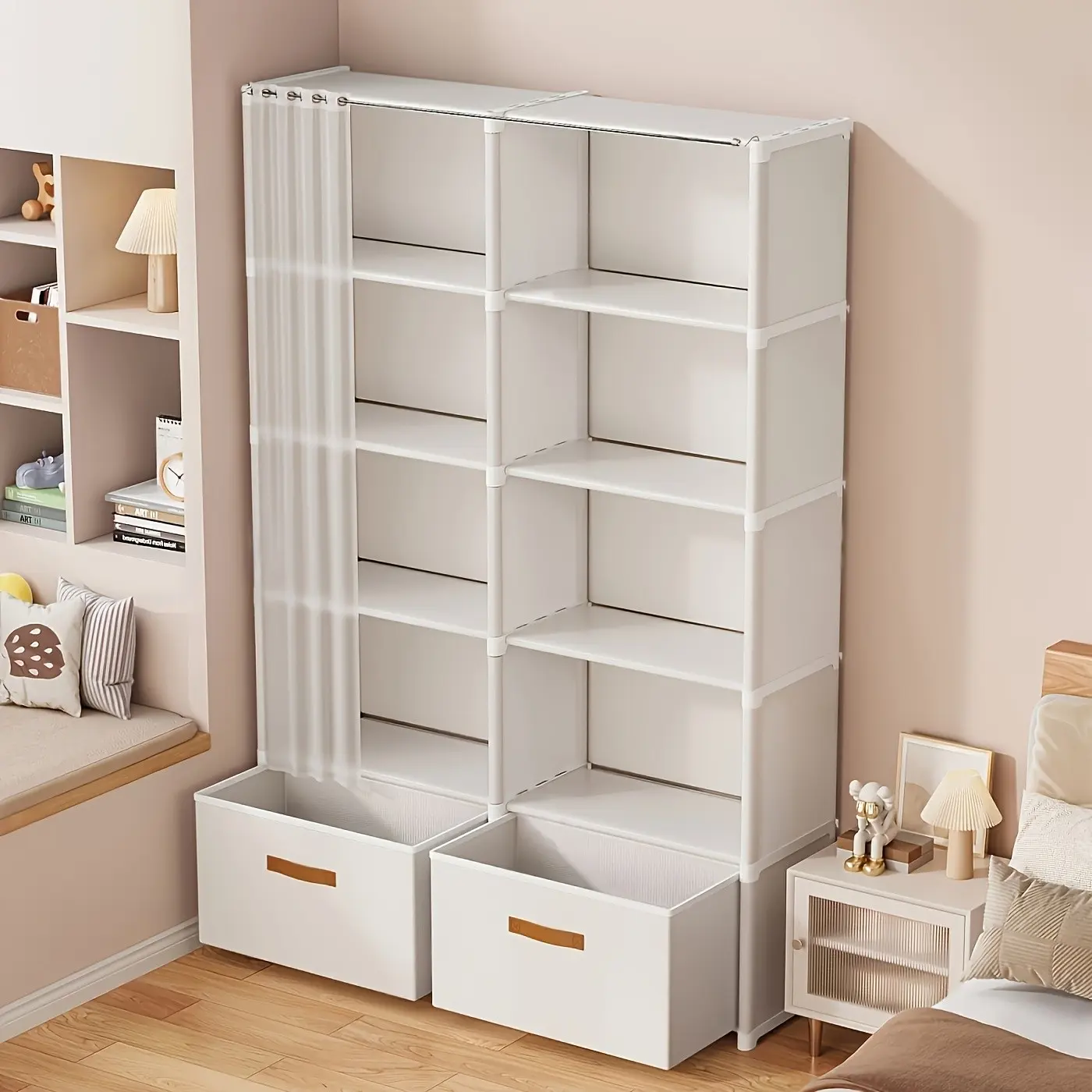 Two Sizes. Space-saving Foldable Wardrobe with Curtain, Multi-layer Drawer Storage. Bedroom Rack for Small Apartments., Mounted Closet Systems