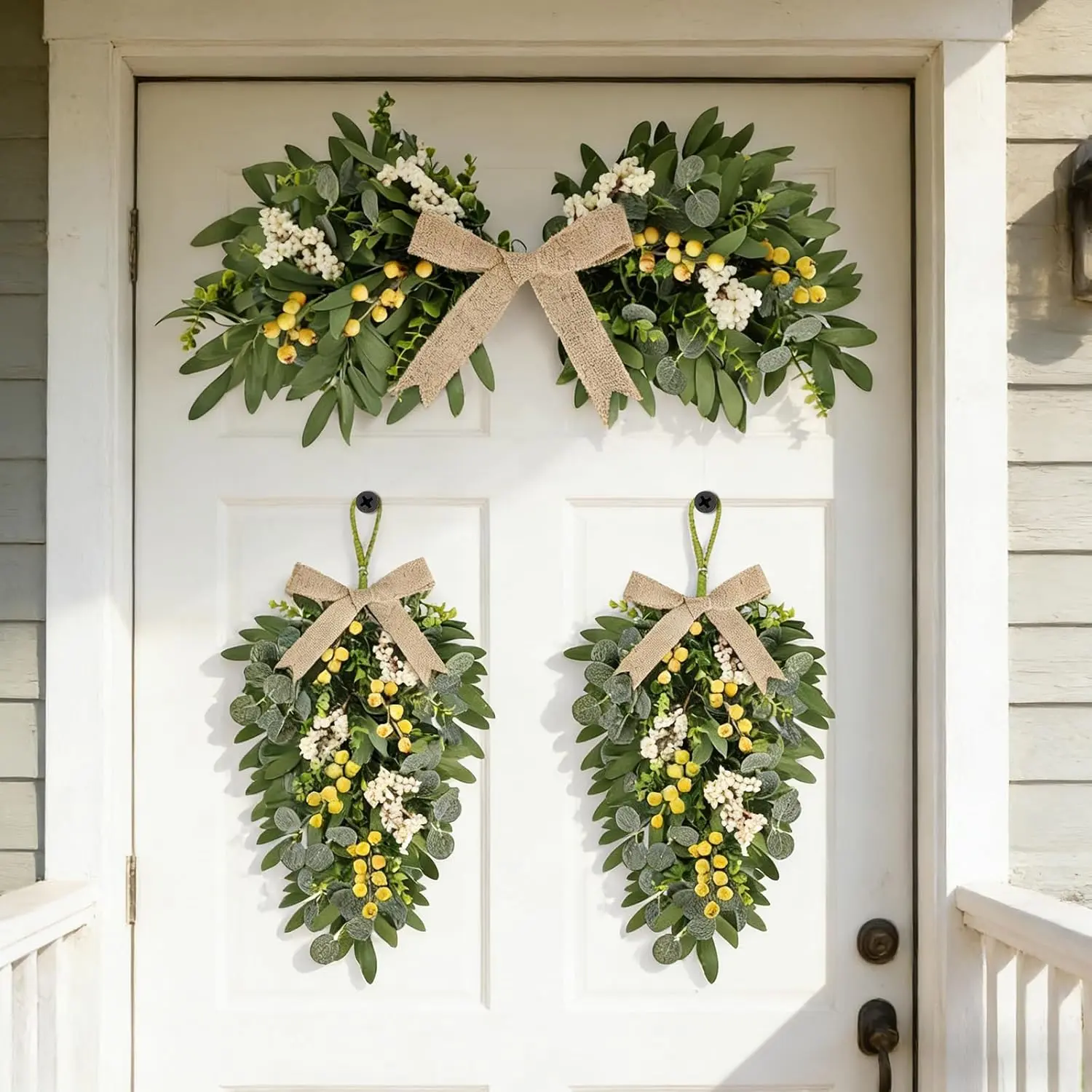 3 Pcs 24" Spring Eucalyptus Teardrop Swag Arch Wreath Set with Olive Leaf Greenery Decor with Linen Bows & Ribbons for Indoor Outdoor Window Mirror Wall Front Door