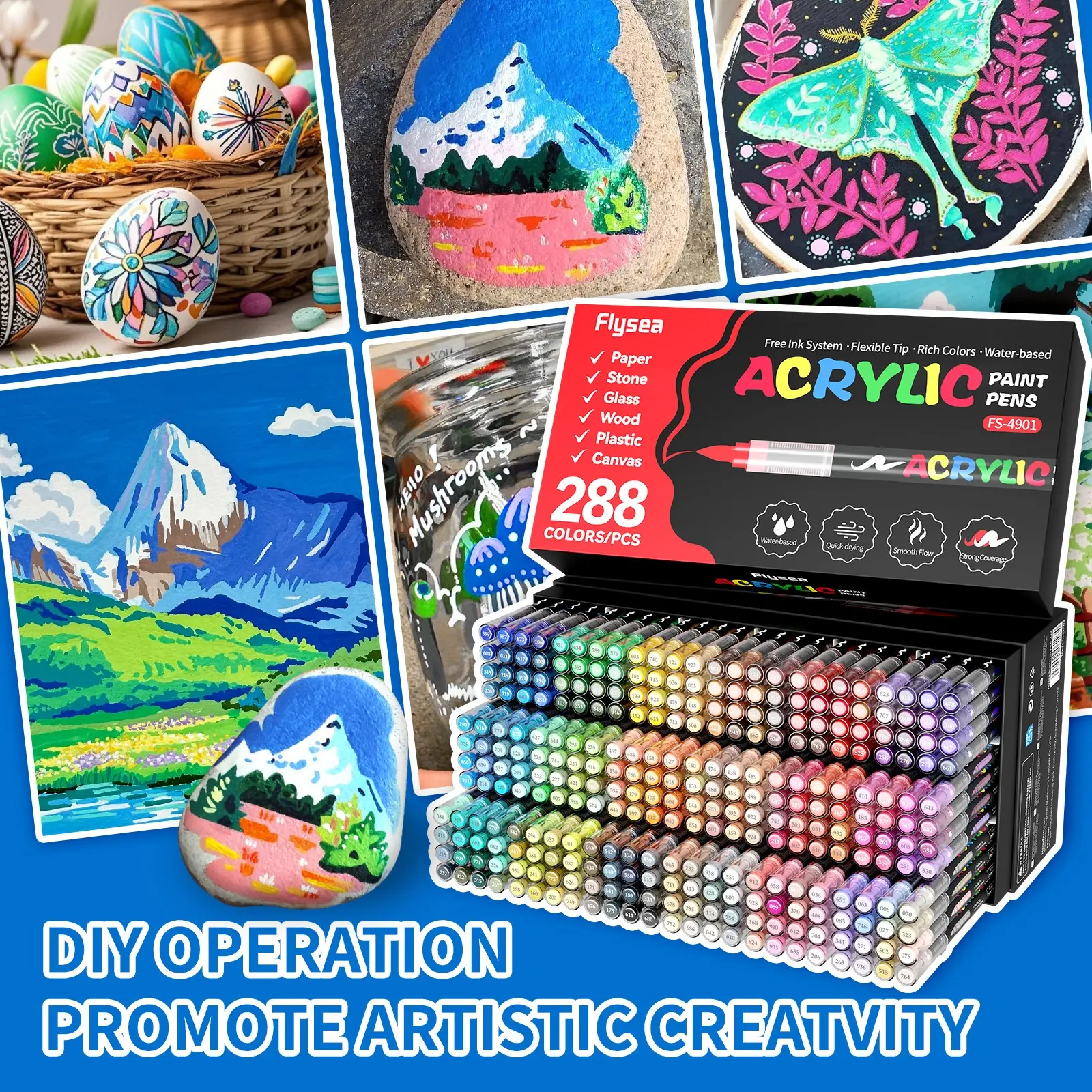288 Colors Automatic Ink Control Acrylic Paint Soft Brush Markers Set, Waterproof & High Saturation, Ideal for Wood, Metal, Canvas, Fabric, Glass