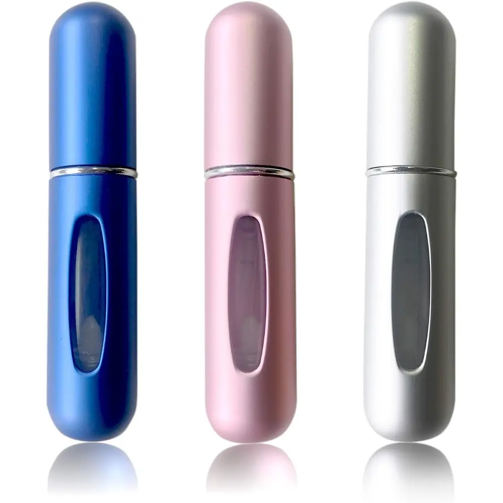 Refillable Perfume Atomizer Bottle, Pocket Cologne Sprayer, Travel Mini Makeup Perfume Atomizer Container Multicolor Perfume Spray, Scent Pump Case for Traveling 3 Pcs Pack of 5ml, Blue-Silver-Rose Pink