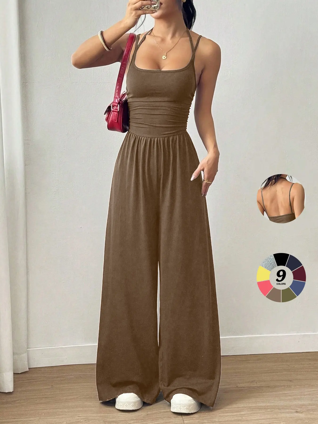 HOT Summer Y2K Women's Halter Neck & Spaghetti Strap Jumpsuit - Sleeveless Ruched Cinched Waist Wide Leg Pants, Versatile Urban Casual Home Wear for Daily Outfit