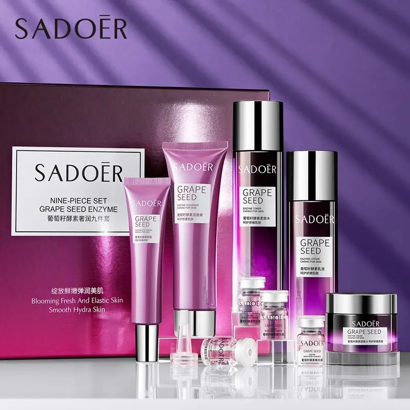 Daily & Travel Skincare, Ideal Gift | SADOER Grape Seed Enzyme Luxury 9-Piece Set, Dry Skin Kit, Hydrating Moisturizing for Dry & Dull Skin