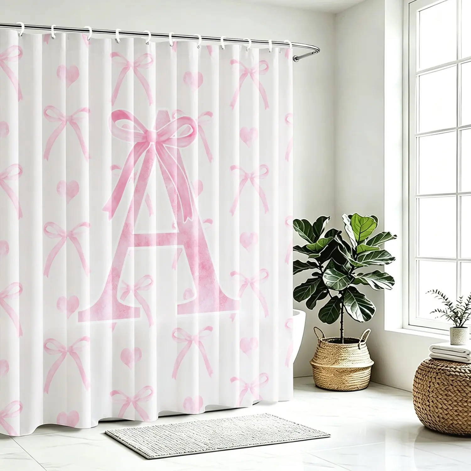 Cute Pink Bow Girly Shower Curtain for Bath 72 x72 Monogrammed Bath Curtain Personalized Initial Waterproof Polyester Fabric Coquette Bow Knot Bathroom Accessories Modern Fashion for Girls Women Bathroom Curtains