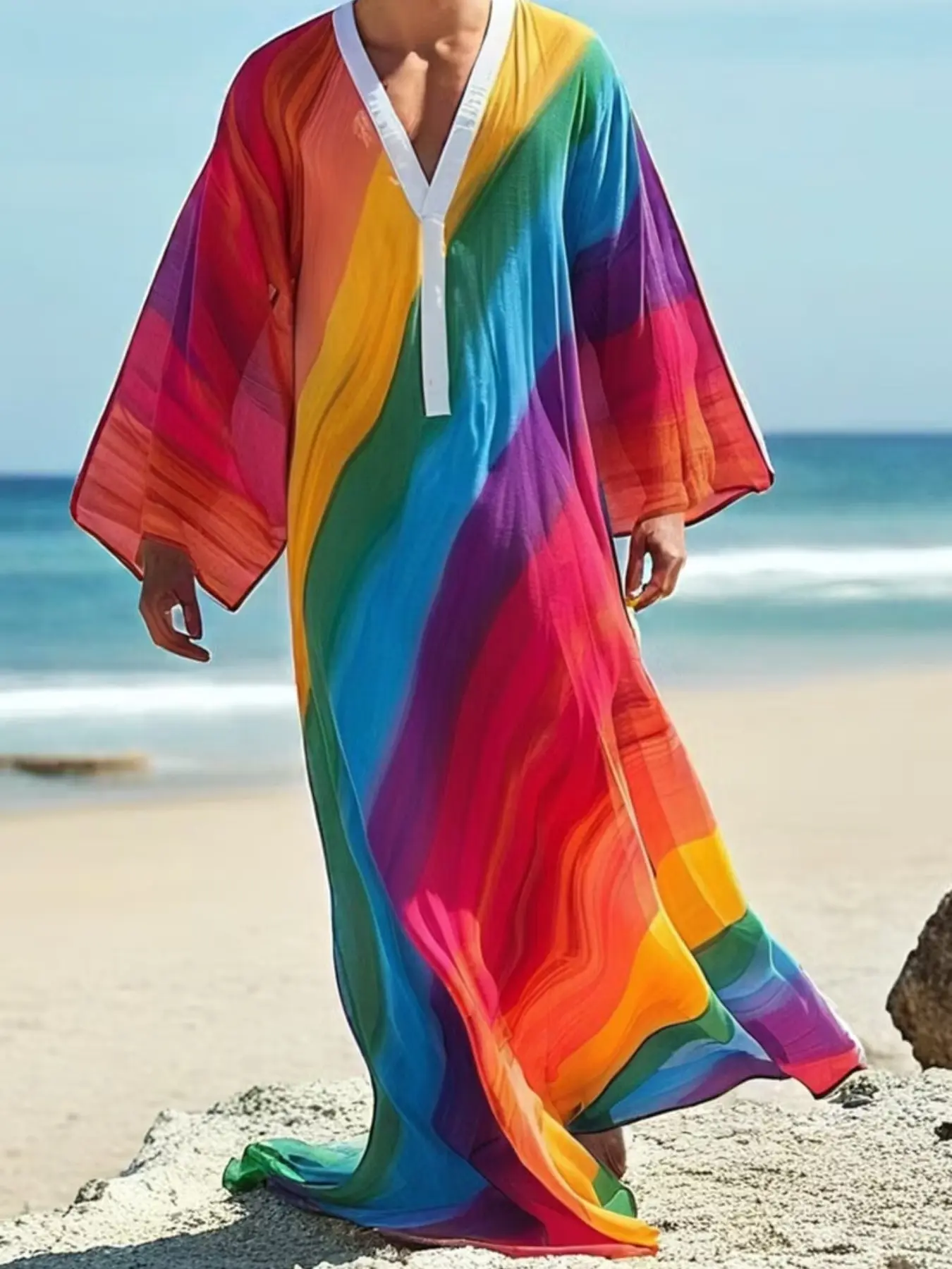 Ainwear Men Rainbow Gradient Print Kaftan, Loose Trim Deep V Neck, Wide Bell Sleeve, Beach Cover Up Maxi Dress, Long Robe