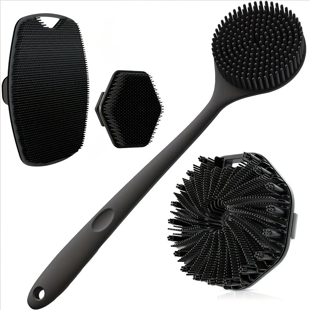 4pcs Bath Brush Set, Soft Exfoliating Long Handle Body Brush, Silicone Bristles, Back, Face, Full Body, Scalp Massage, Dead Skin Removal, Non-Slip Handle, Shower Body Scrubber