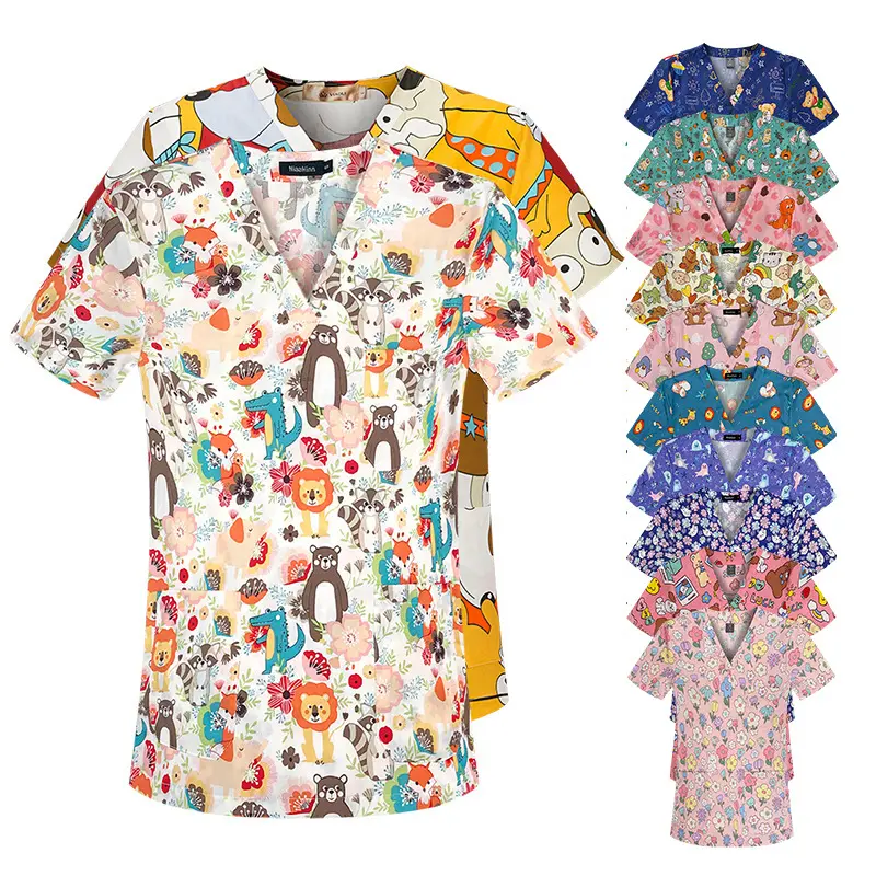 Printed nurse uniform, short-sleeved scrub shirt for female doctors, summer thin cotton workwear for housekeeping, beauty, and pet salon, unisex