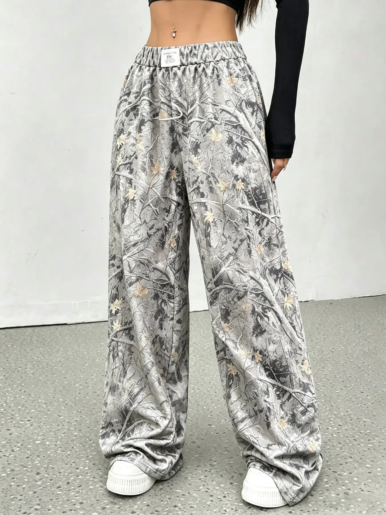 Y2K Women's American Retro Real Tree Camouflage Deadwood Print Wide-Leg Long Pants, Elastic Waist Loose Casual Sweatpants, Street Hot Girl Style Slimming Bottoms, Suitable For Daily Home, Commute, Dating, Vacation, Travel And Shopping Outfits