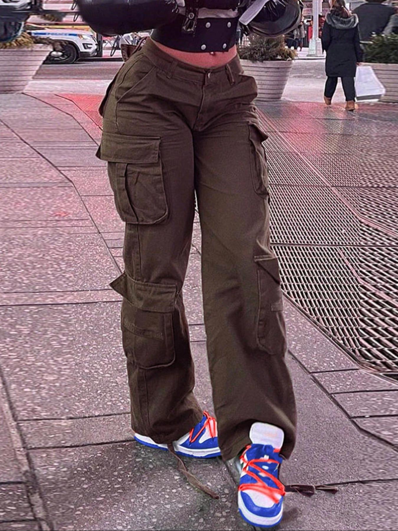 Women's Plain High-Waisted Cargo Pants with Pockets and Drawstring, Fashion Y2K K-Pop Style Streetwear Trousers for Daily Wear, Ladies' Baggy Pants for Fall & Winter