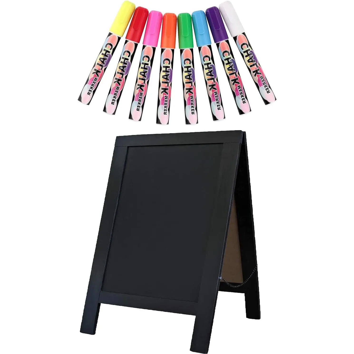 Solid Pine Rustic Whitewash Double-Sided Chalkboard, 7.5in*8.6in Tabletop Stand Easel, 8-Count Liquid Chalk Markers, Small Countertop Office Stationery for Restaurant Menu, Kitchen Decor (Black)