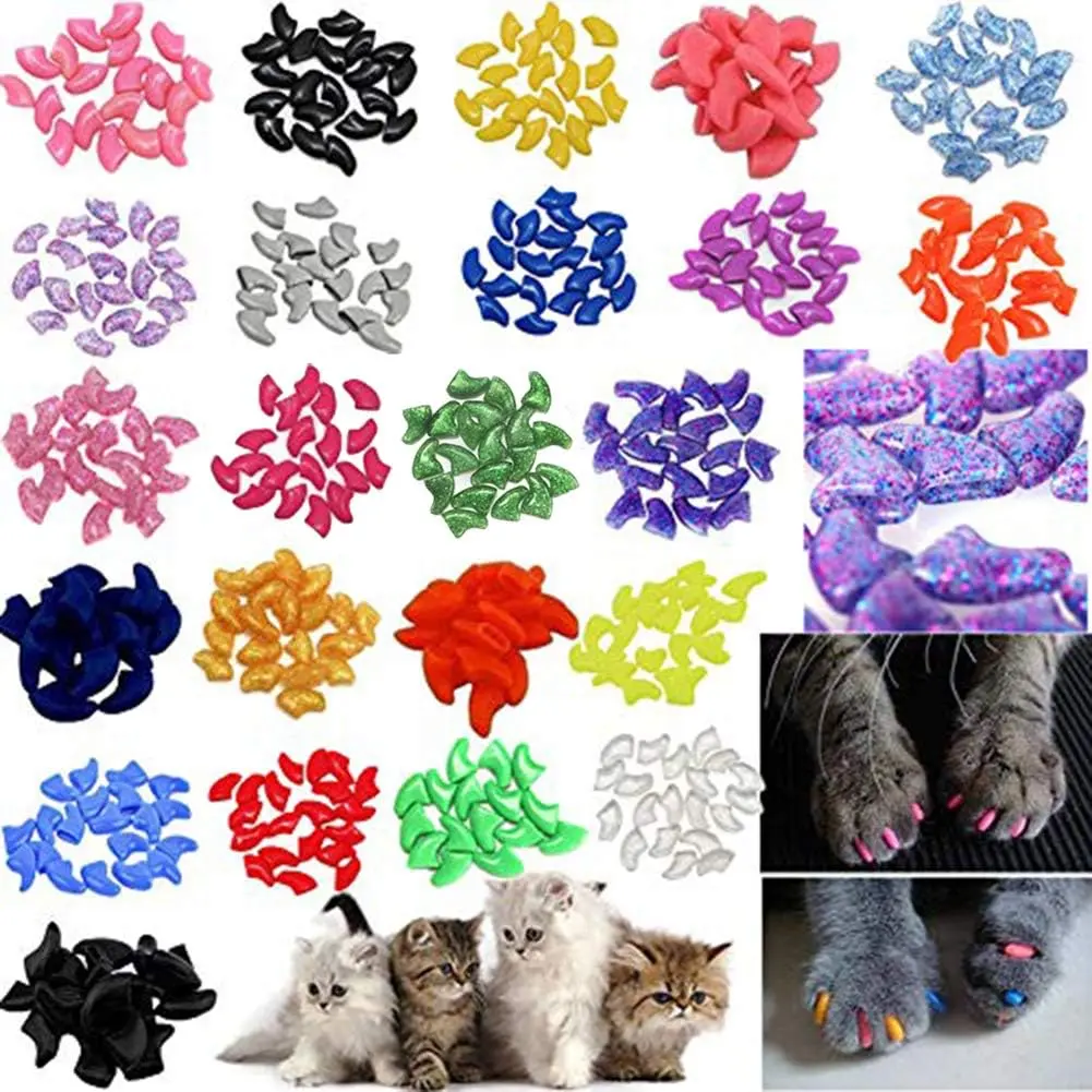 140pcs Cat Nail Caps Kitten Caps 4 Glitter Colors + 10 Colorful Cat Nails Caps Covers + 7 Adhesive Glue + 7 Applicator with Instruction