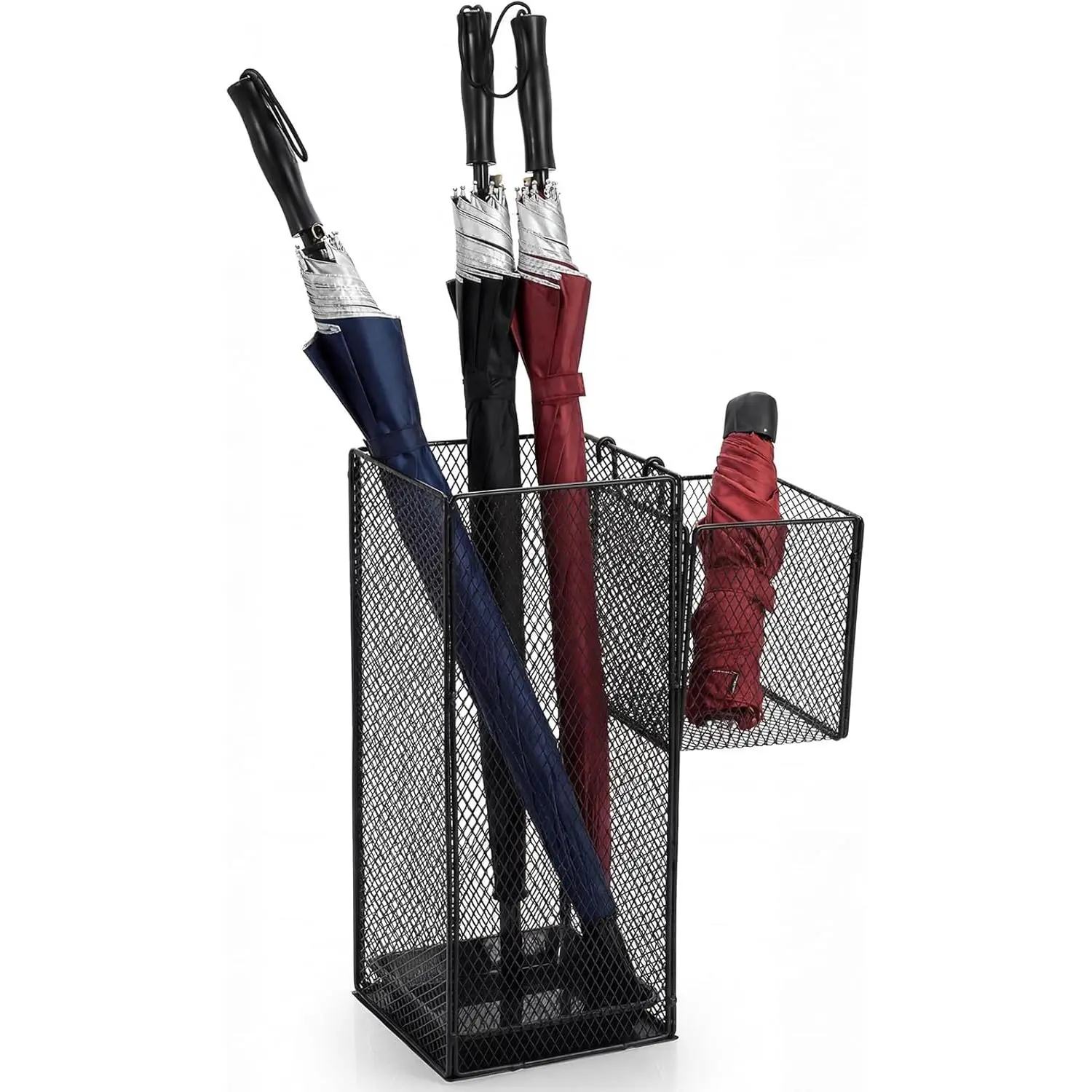 OwnMy Metal Umbrella Holder for Entryway, Indoor Umbrella Stand for Entryway with Small Basket and Draining Tray, Modern Umbrella Storage Stand Rack for Home Office Hotel Entrance, 16.5" Height