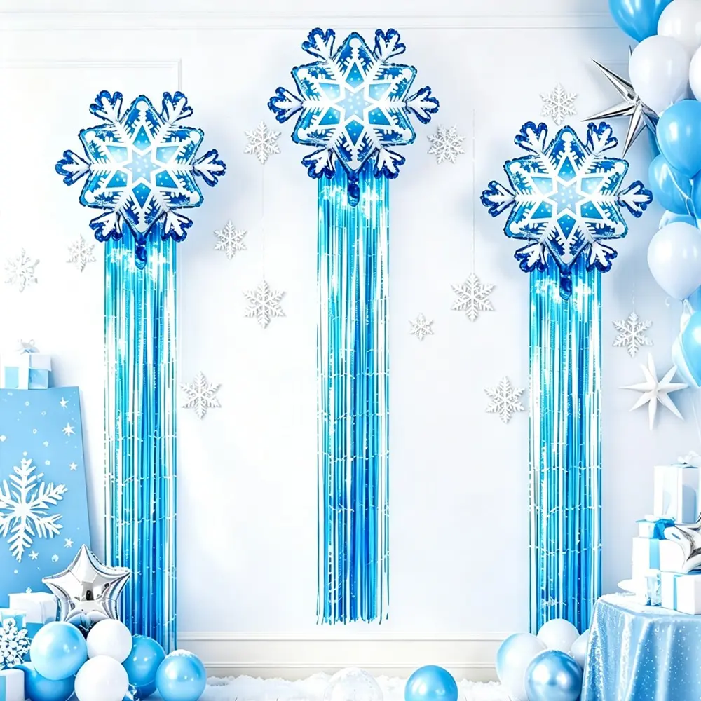 Snowflake Aluminum Foil Balloons with Blue Rain Curtain, Christmas Winter Wonderland Party Supplies, Holiday Decoration for Birthday Parties