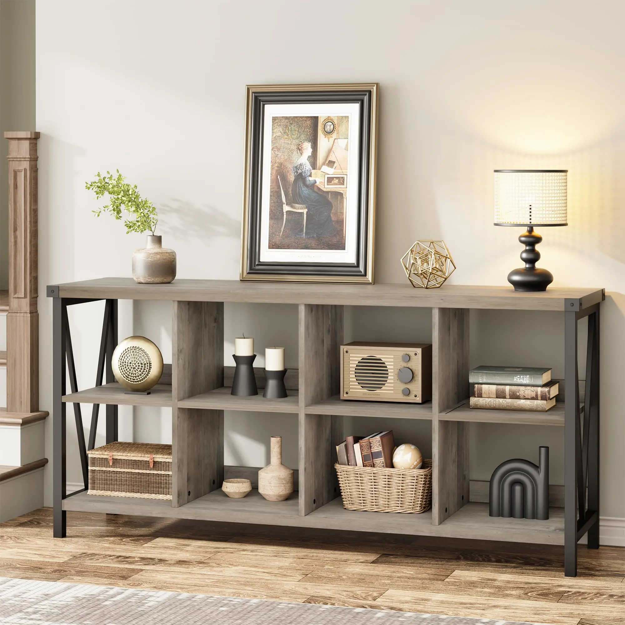 GARVEE8 Cube Storage Organizer Bookshelf, 3 Tier Metal Horizontal Bookcase, 62 Inch Console Bookshelves, Industrial Storage Bookcase for Entryway, Long Low Bookshelf for Living Room-Grey