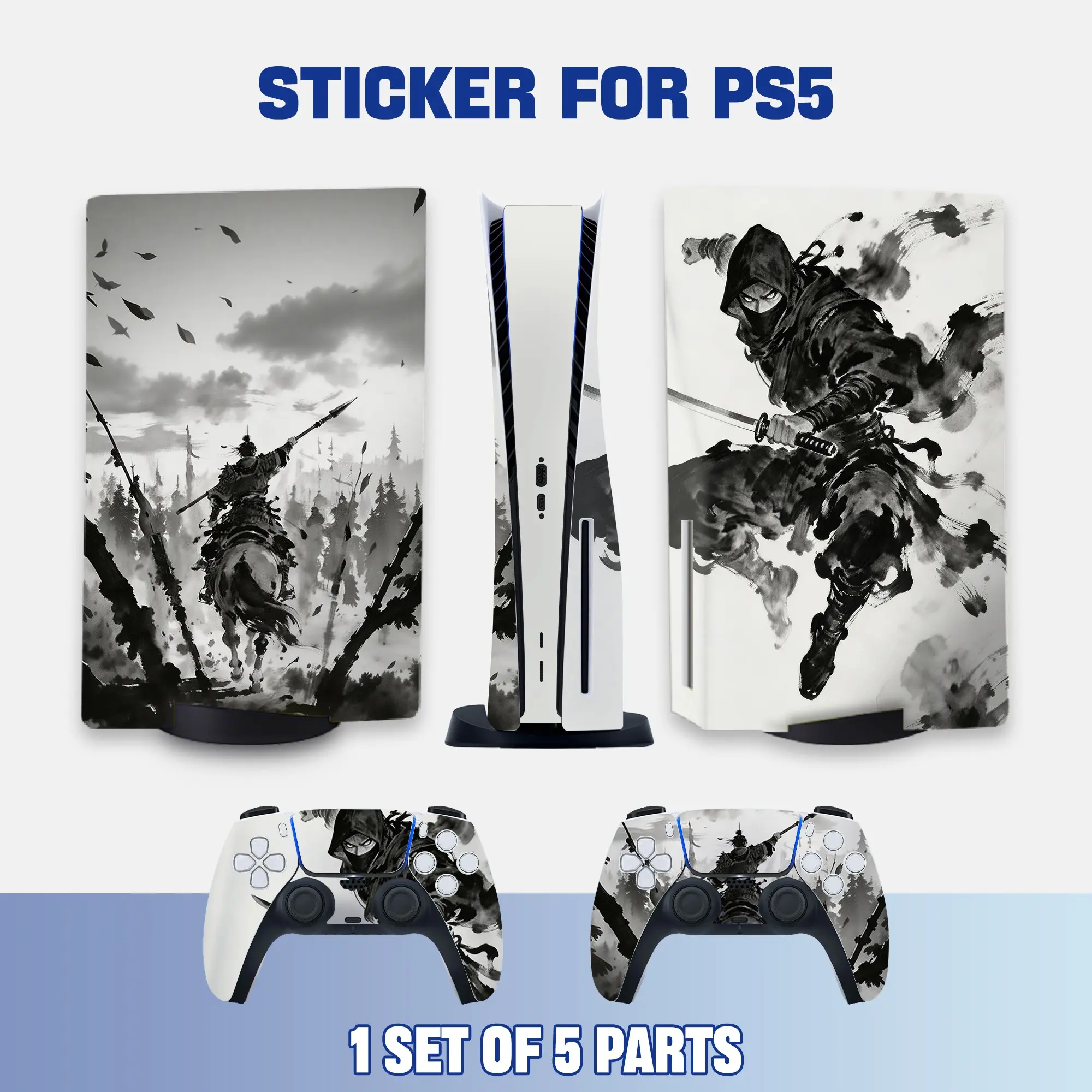 Samurai Ink Art PS5 Vinyl Skin Sticker for Console & Controllers, Waterproof, Scratch-Resistant, Dustproof, Removable & No Residue