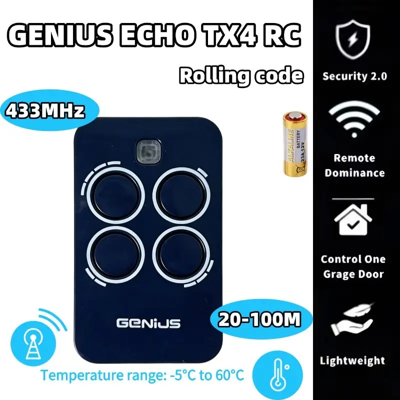 Genius Echo Tx4 RC 433mhz Remote Control, Four-Button Universal Garage Door Opener, Wireless RF Remote, Compatible with Various Automatic Doors