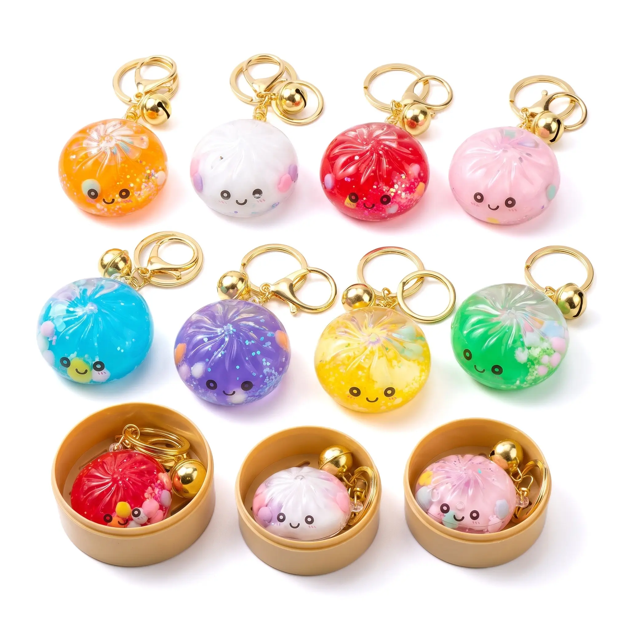 Compact Round Shape Glitter Quicksand Fill Acrylic Body Fidget Friendly Dumpling Keychain, Kawaii Steamed Bun Food Charm Pendant for Backpack Purse, Novelty Gift for Girls, Casual Wear