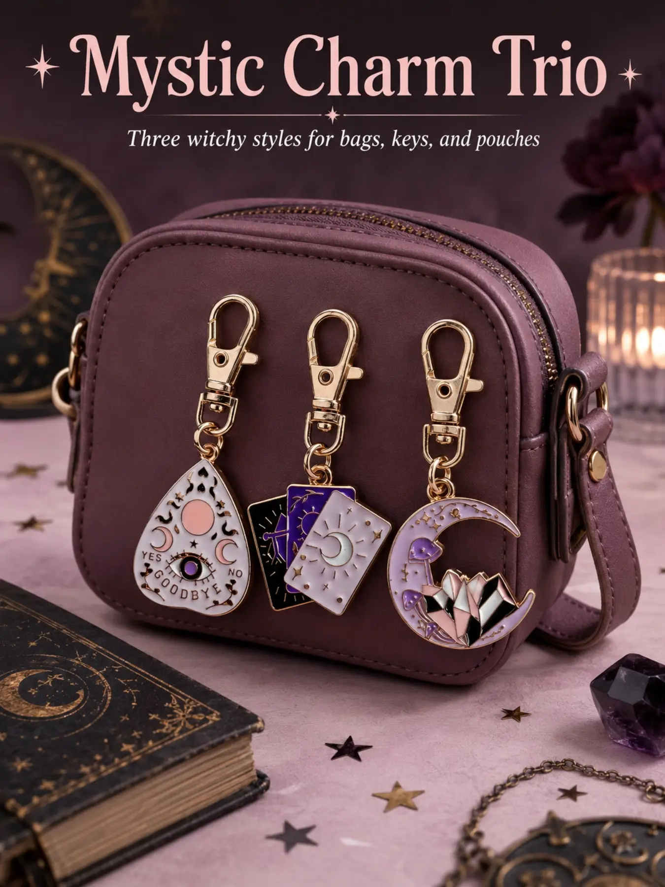 Goth Witchy Mystical Enamel Bag Charm Pendants, 3 Occult Styles Ouija Planchette, Crescent Moon, Mushroom Tarot Charms with Gold Clasp, Wiccan Spiritual Bag Chain Decoration, Trendy Halloween Witch Gift for Ladies Purse Backpack Car Keys