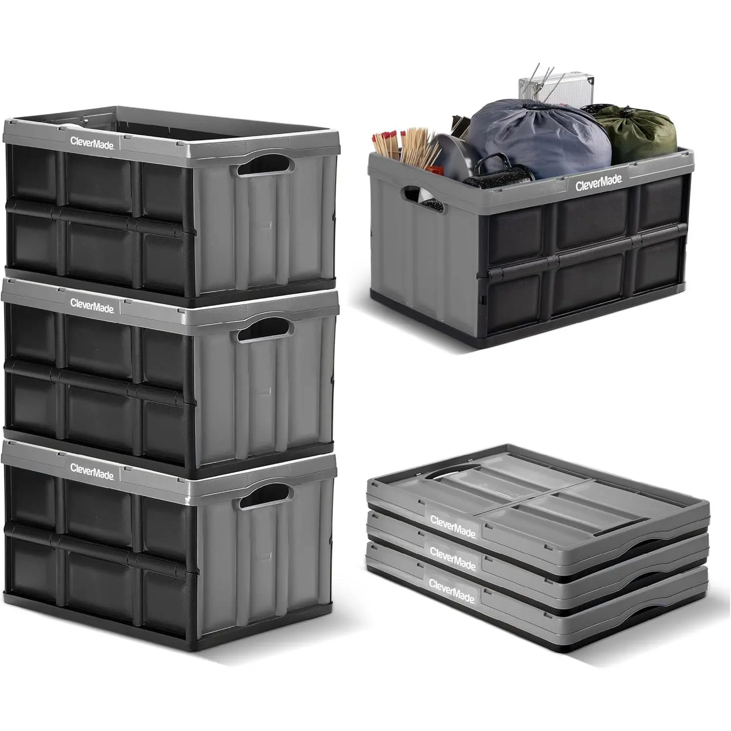 Collapsible Storage Bins 62L (3-Pack) – Heavy Duty Collapsible Plastic Storage Bins, Large Stackable Folding Storage Bins for Garage, Car, Grocery & Home Organization - Stone