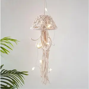 Bohemian Macrame Jellyfish Dream Catcher Wall Hanging with Star Lights, White Woven Wall Art Decor for Apartment Dorm Room Door Decoration