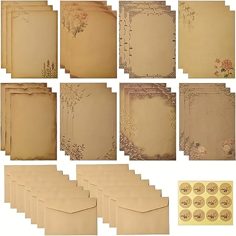 60pcs/set Vintage Envelopes and Stationery Paper, 12 Ancient Envelopes, 24 Vintage Papers, 24 Round Sealing Stickers, Aged Envelopes for Invitations, Unique Envelopes
