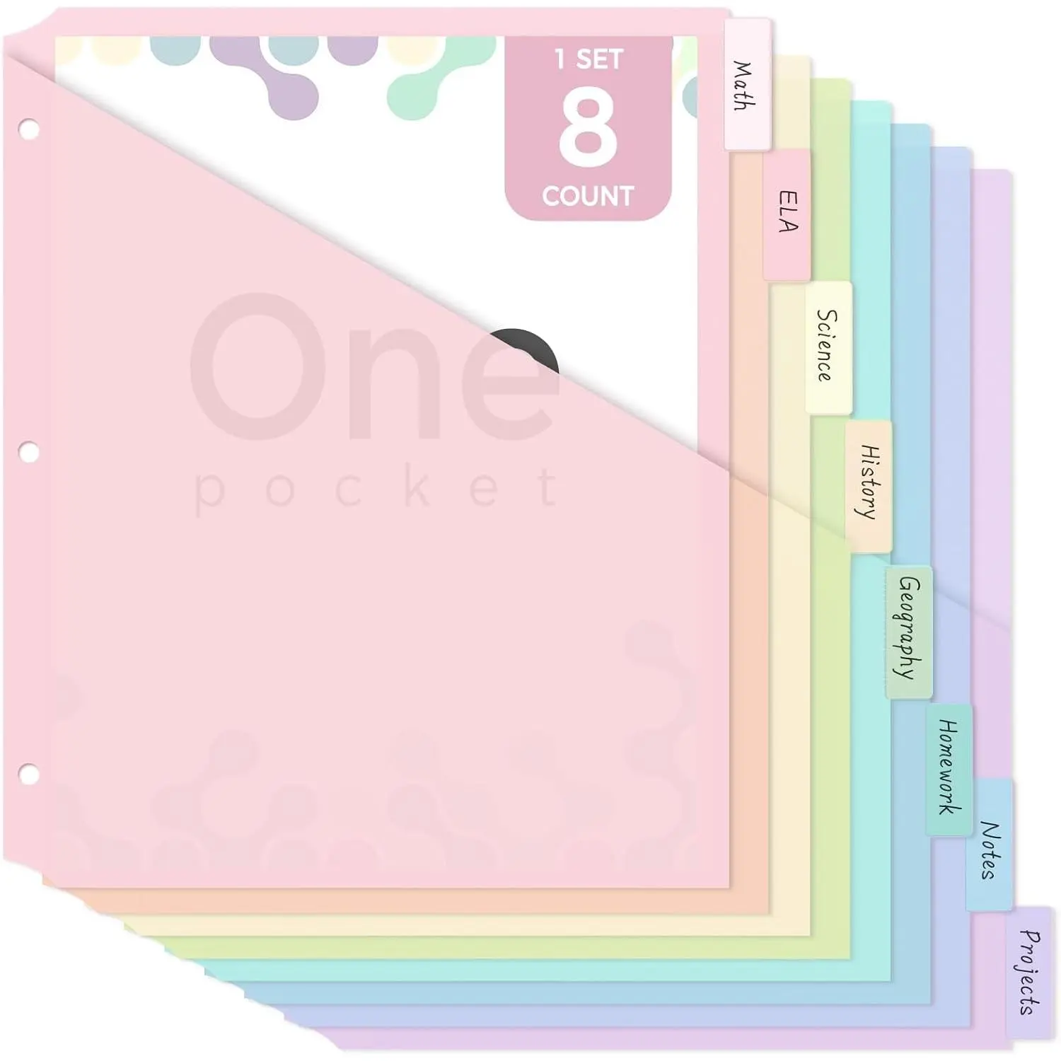 Binder Dividers with Tab, Pastel Dividers for 3 Ring Binder with Pockets – 8-Tab Durable Plastic Binder Dividers, Single Pocket File Organizers with Matching Label Stickers, Boho