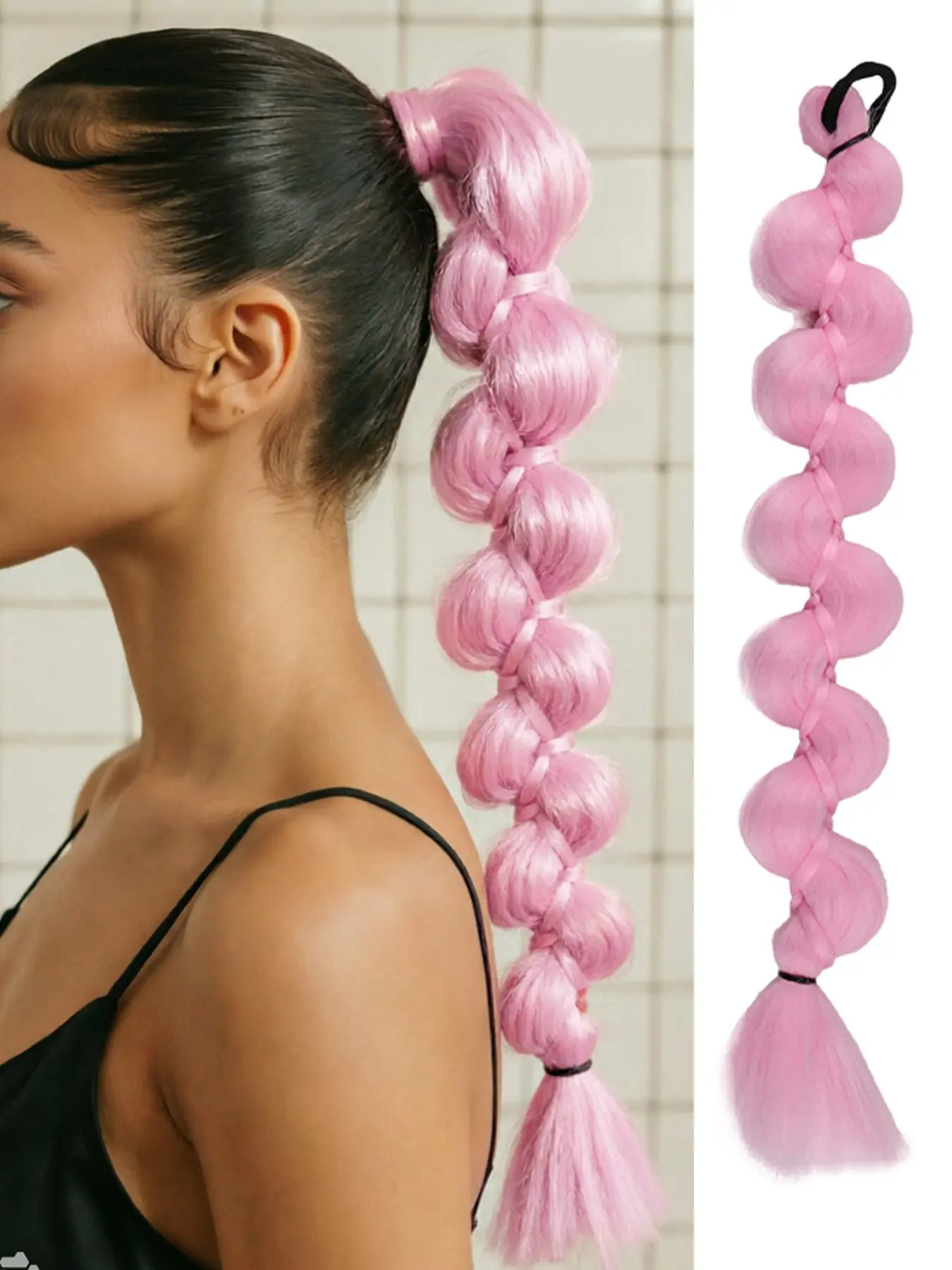Women's 18-inch smooth wrap-around lantern-style ponytail extension with elastic hair tie; available in pink, black, green, and purple. Made from high-temperature synthetic fiber; suitable for daily wear, gatherings, parties, cosplay, and carnivals.
