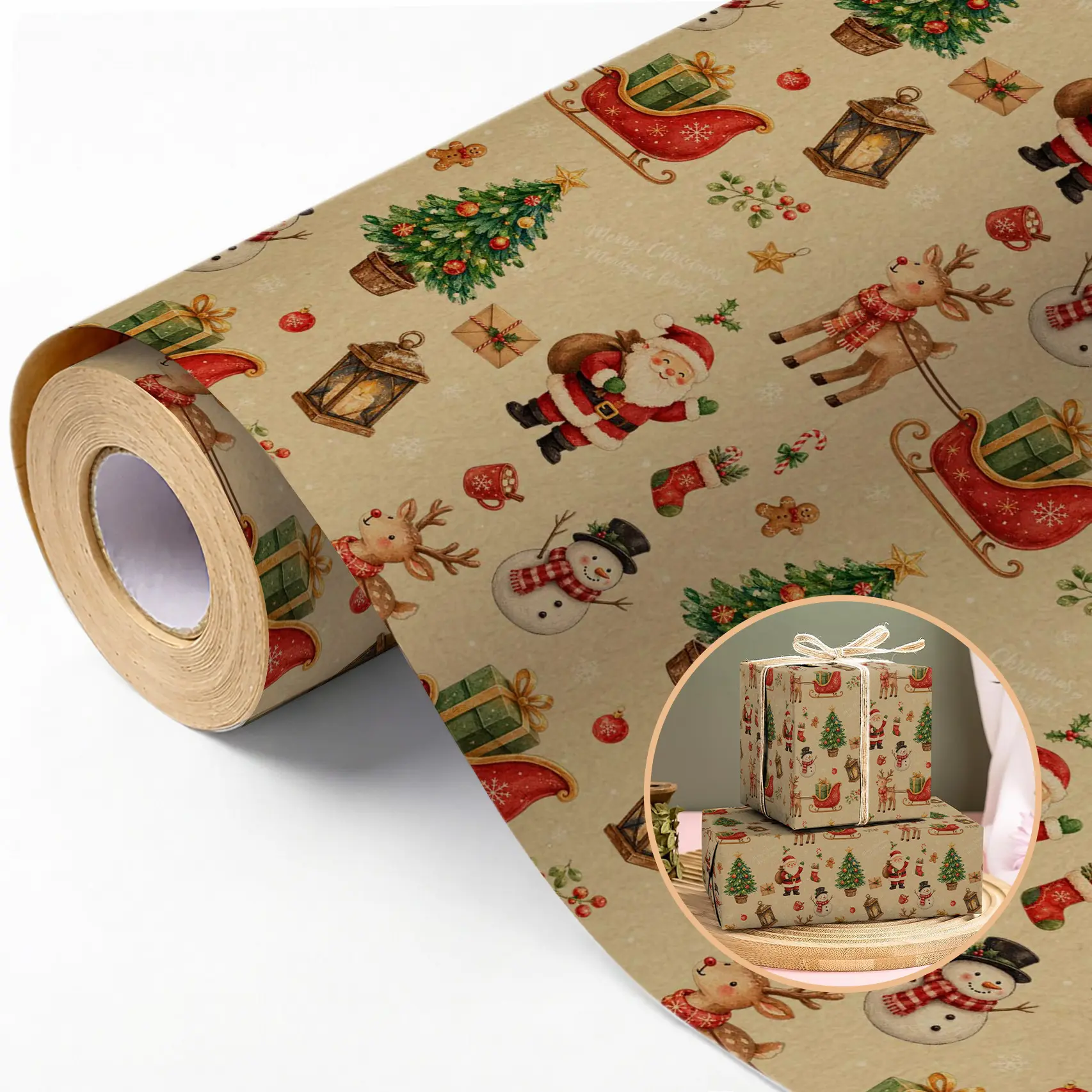 16FT Vintage Christmas Wrapping Paper Roll, Retro Watercolor Xmas Gift Wrap with Santa Claus, Reindeer, Snowman, Christmas Tree, Sleigh & Gingerbread Man, Kraft Brown Decorative Paper for Holiday Gift Packaging, DIY Crafts