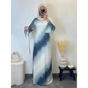 Elegant Blue Gradient Tie-Dye Dress Soft Fabric Muslim Long Bell Sleeve Suitable for Daily Wear and Travel wardrobe essential timeless piece flattering fit easy care party essential everyday dress summer staple