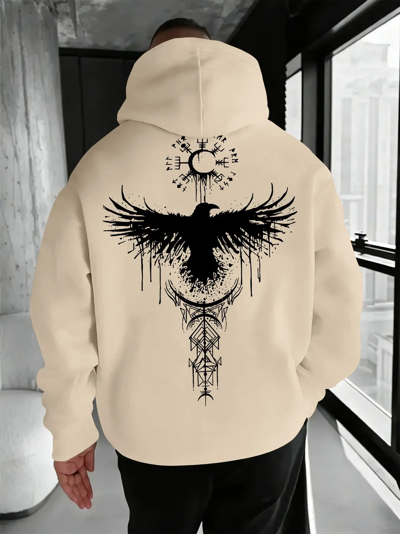 Men's Fall Winter Hooded Warm Comfortable Sweatshirt, Vertical Raven Moon Rune Back Print, Casual Home Heavyweight Sweatshirt