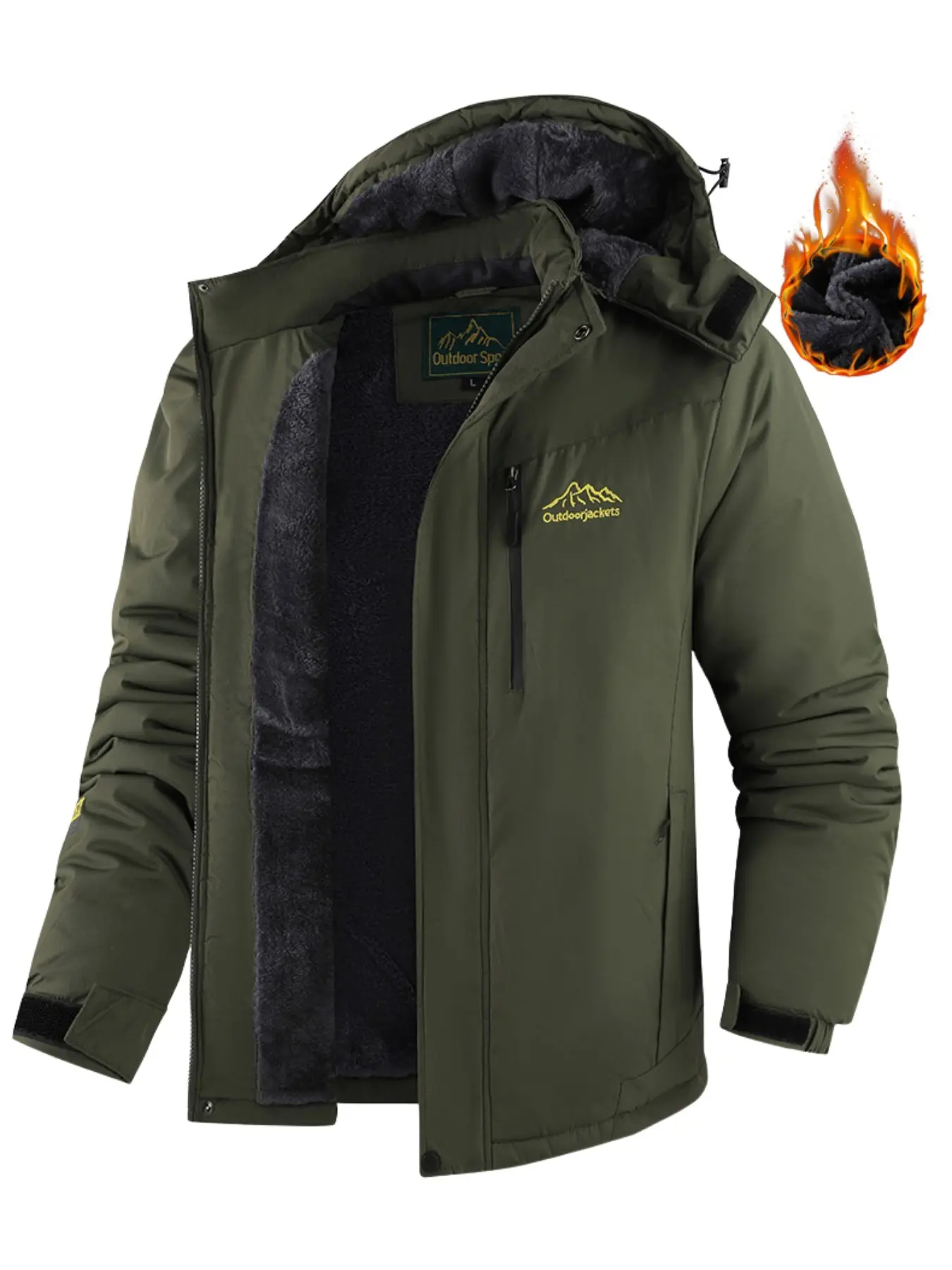 Men's Thickened Windproof Warm Fishing Hiking Cycling Jacket, Detachable Hood, Waterproof, Fleece Lined, Fall Winter Outerwear