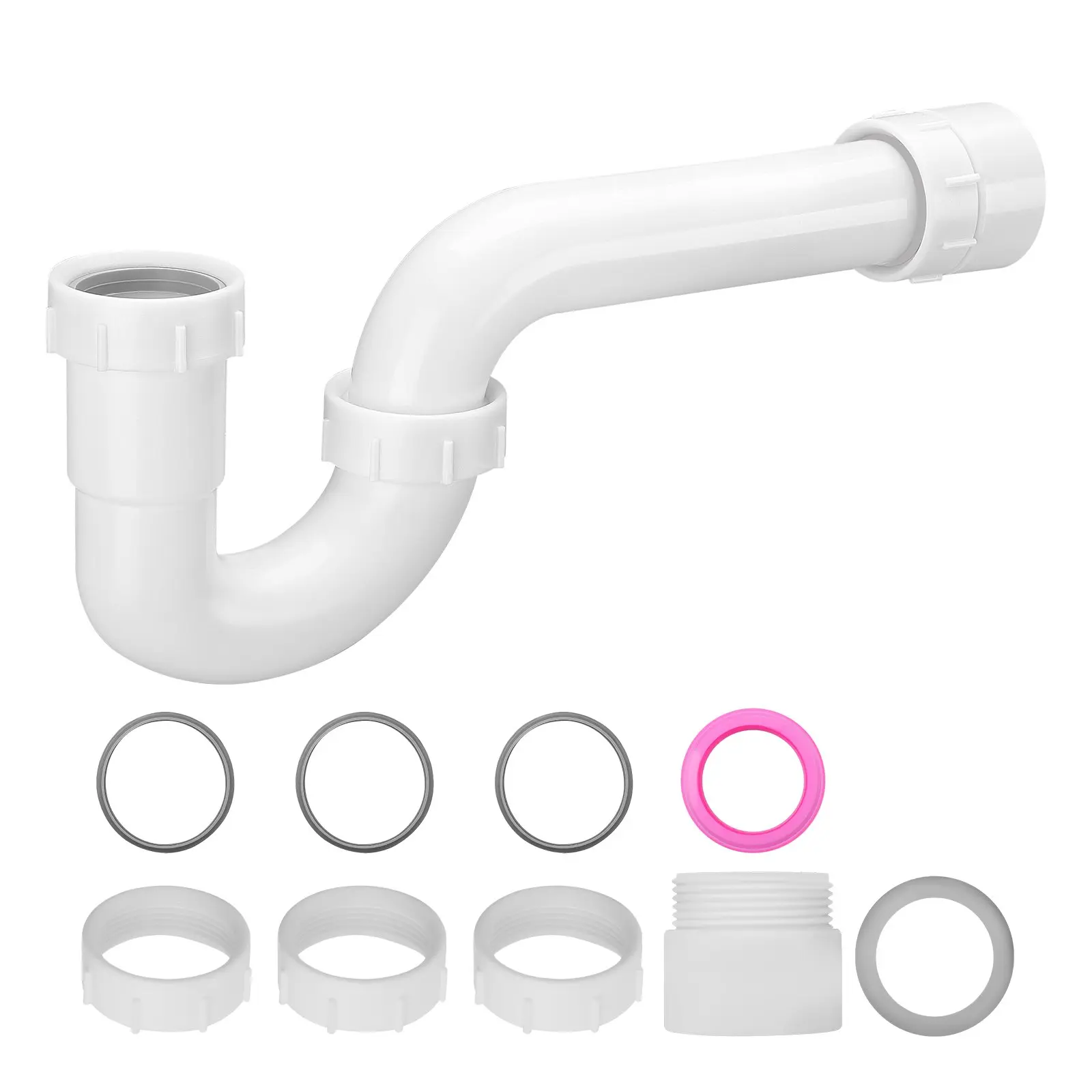 VEVOR 1.5 in Plastic Curved P-Trap Drain Pipe Kit, Leakproof with Thread Adapter, TPU Washers, PP Pipe Sink Basin Waste Kit, Easy-Install Under Kitchen Sink Plumbing, White
