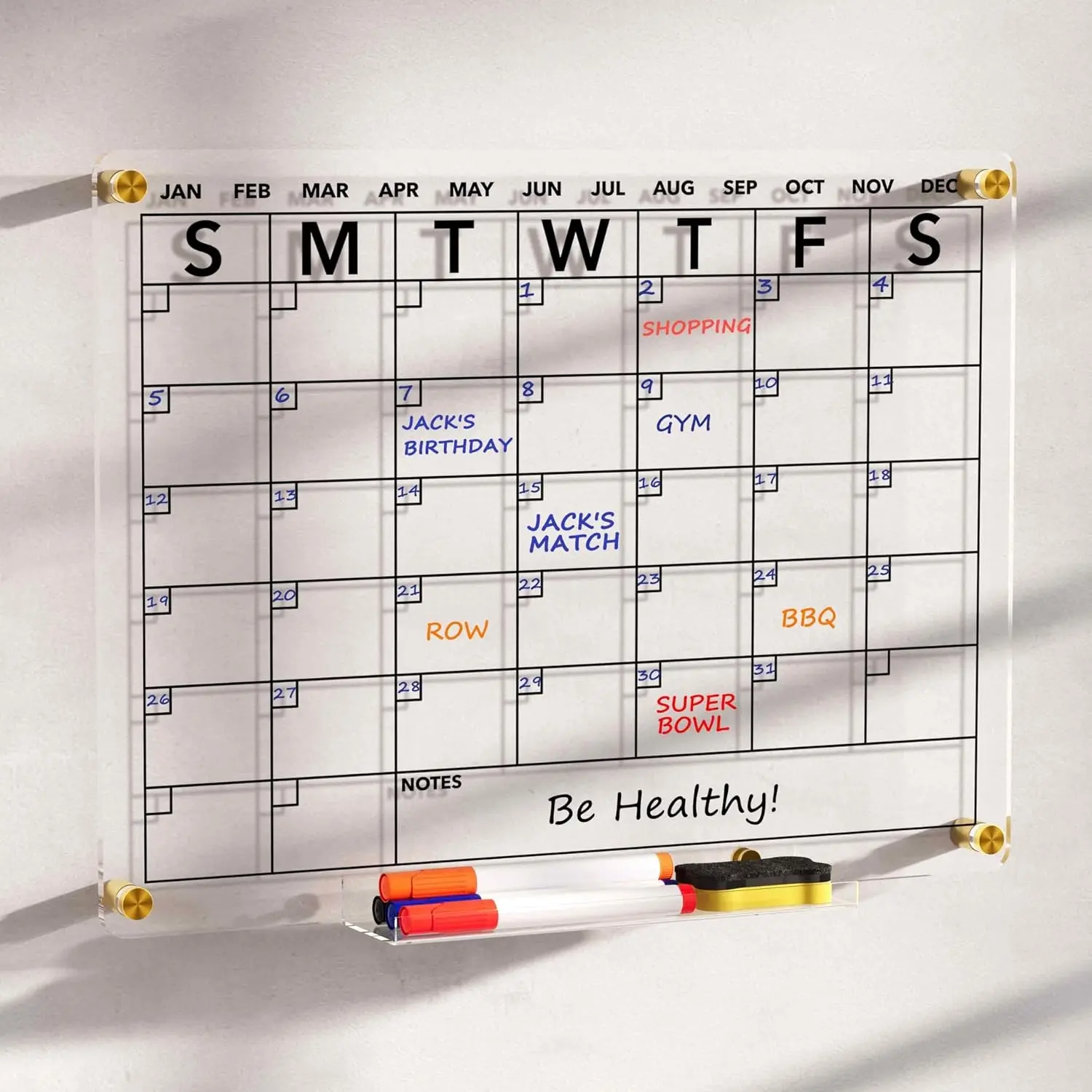 Acrylic Dry Erase Calendar Whiteboard for Wall, 16"x12" Clear Monthly Planner White Board, with 4 Colors Markers