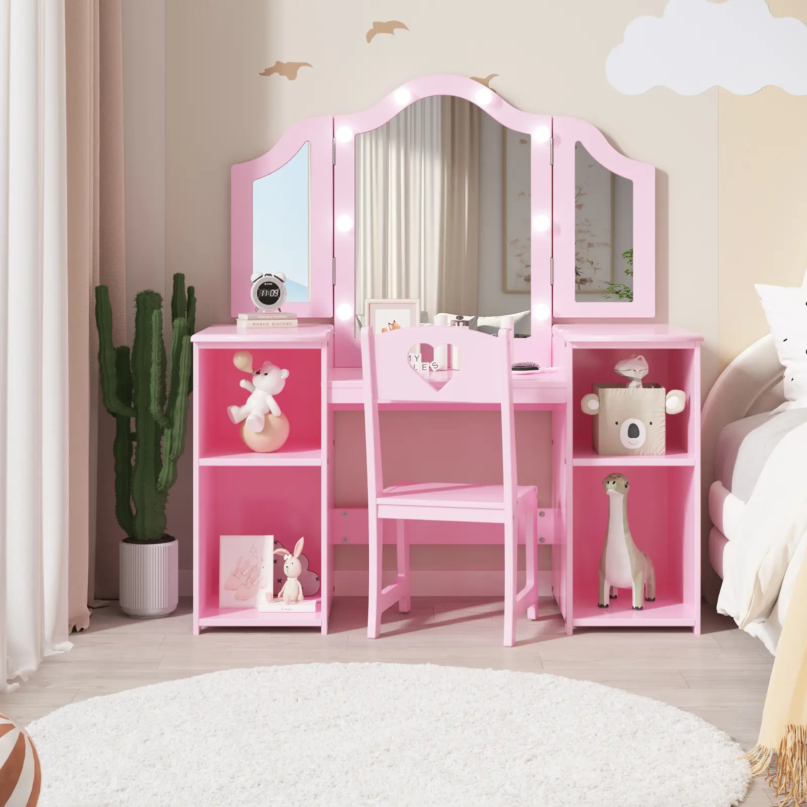 【GARVEE】2-in-1 Princess Vanity Table & Chair Set, Wooden Kids Makeup Desk Equipped with Tri-Folding Touch Light Mirror, Removable Top, Storage Shelves & Drawer, Convertible to Writing Desk, Lovely Pretend Play Beauty Furniture for Girls