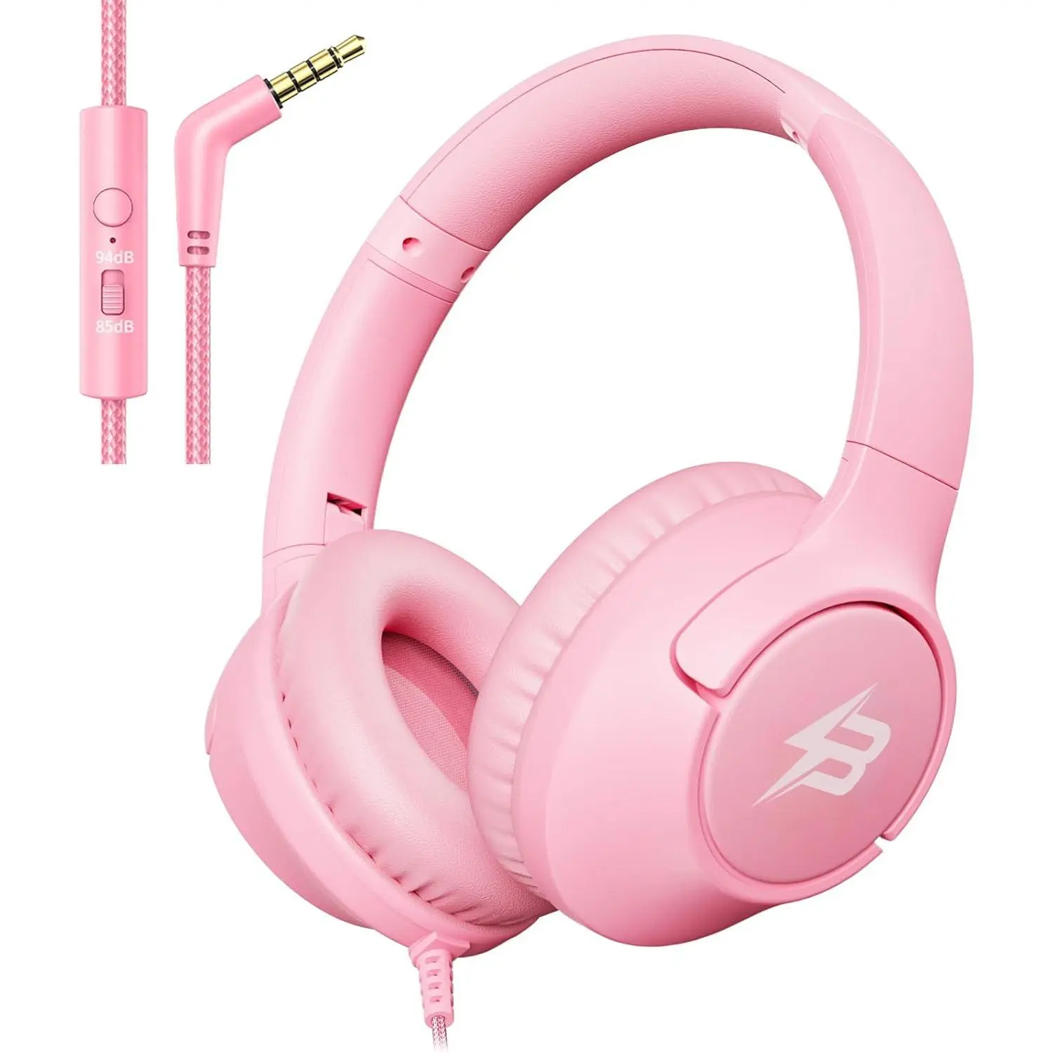Kids Headphones with Microphone for School, 85/94 dB Volume Limit, Wired Over Ear Girls Headphones for Kids with Stereo 3.5mm Wired Cord for Kindle Tablet Airplane Travel, Pink