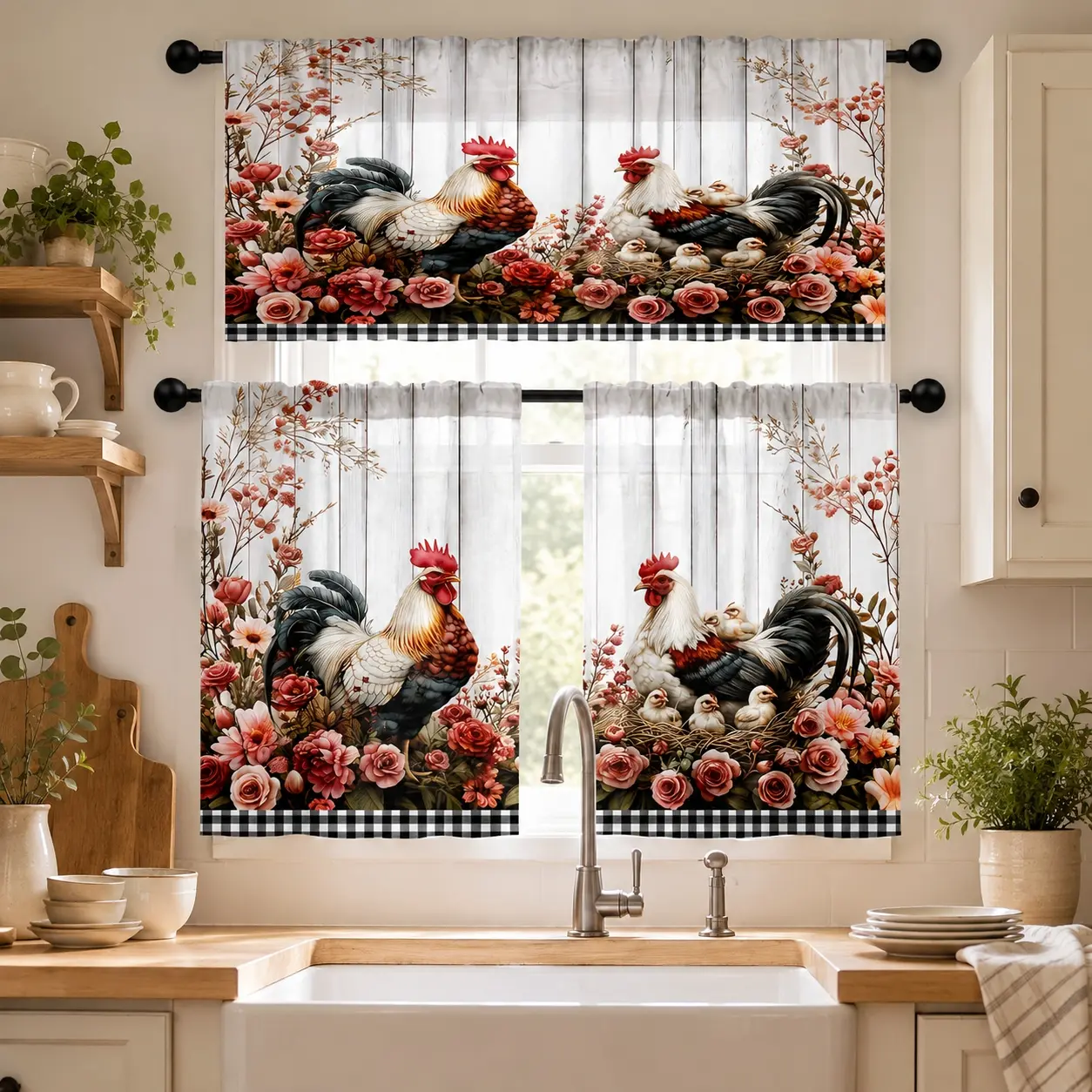 3-Piece 2D Flat Print Kitchen Window Curtain Set, USA-Made Polyester Rod Pocket Valance & Tier, Vintage Pink Floral & Rooster Pattern, Renter-Friendly Farmhouse Curtains for Kitchen, Cafe Decor, Window Curtains