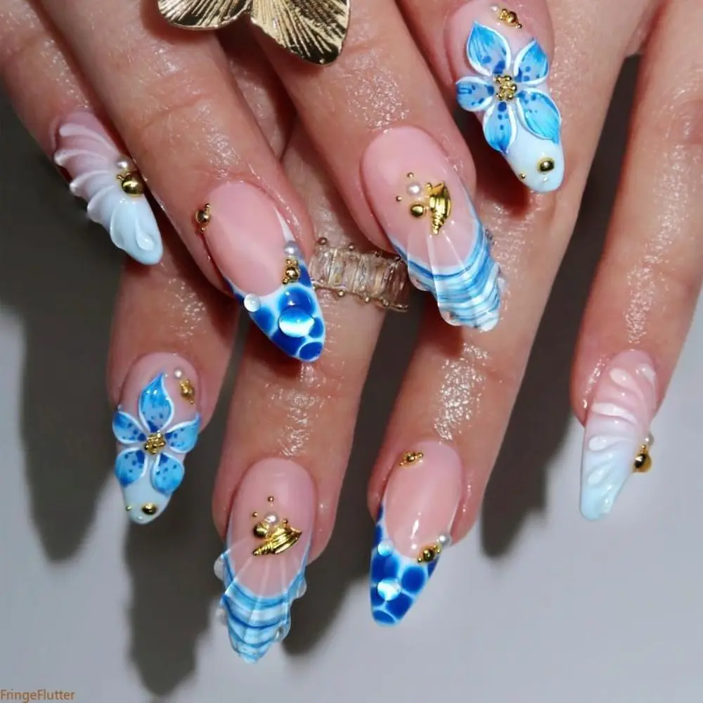 Ocean Style Removable French Press On Nails, Blue 3D Flower Seashell Conch Pearl Ornament Reusable Fake Nail Stickers
