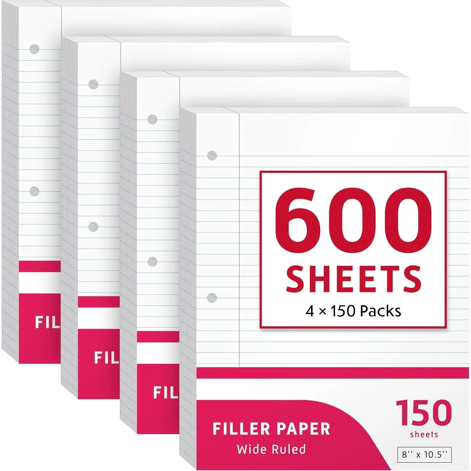 Loose Leaf Paper, Wide Ruled, 600 Sheets (150/Pack) Filler Paper for Writing Notes - School, College, Office - 3 Hole-Punch Lined Sheets for Ring Binders, Pocket Folders - White, 8 x 10.5