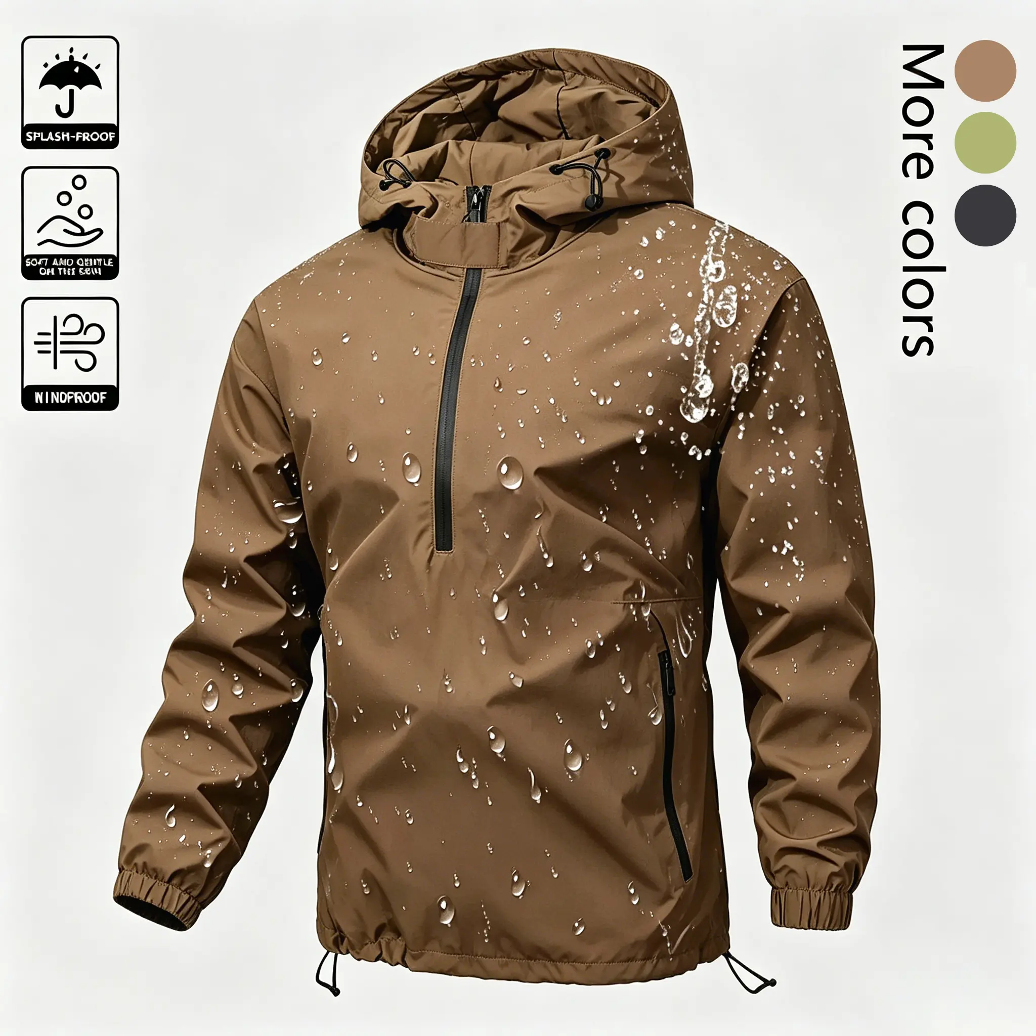 Half-zip pullover hooded windbreaker crafted with splash-proof wind-resistant fabric, elastic cuffs and adjustable hem drawstrings, lightweight functional silhouette practical all-season outerwear for outdoor mensfashion daily outfits