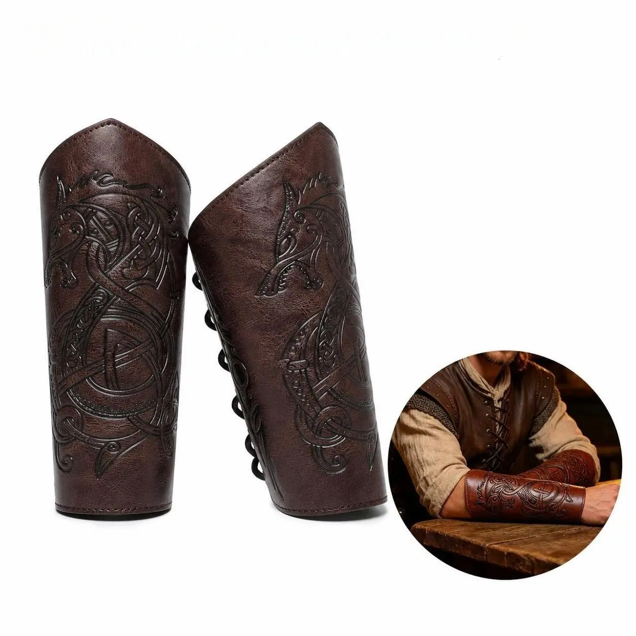 2 PCS European Medieval Viking Knight Bracers, Vintage Embossed Patterns PU Leather Arm Guards, Renaissance Cosplay Props, Armor Style Accessories for Halloween Role Play & Stage Outfits