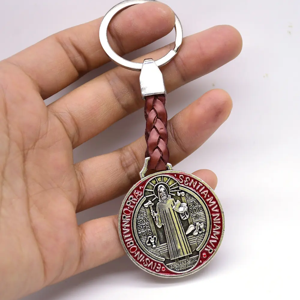 Vintage St. Benedict Medal Keychain Religious Gift - Braided Leather Catholic Protection Amulet Keyring, Heavy Duty Saint Coin For Men Car Keys Daily Carry