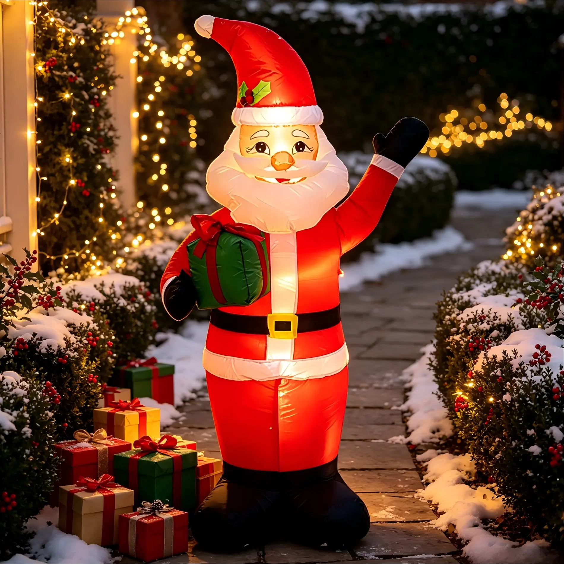 Christmas Inflatable Santa Claus with Gift Box, LED Lighted 1.5m Yard Decoration, Outdoor Decorations, Auto-Inflate with Fan, Waterproof Durable, Plug-And-Play