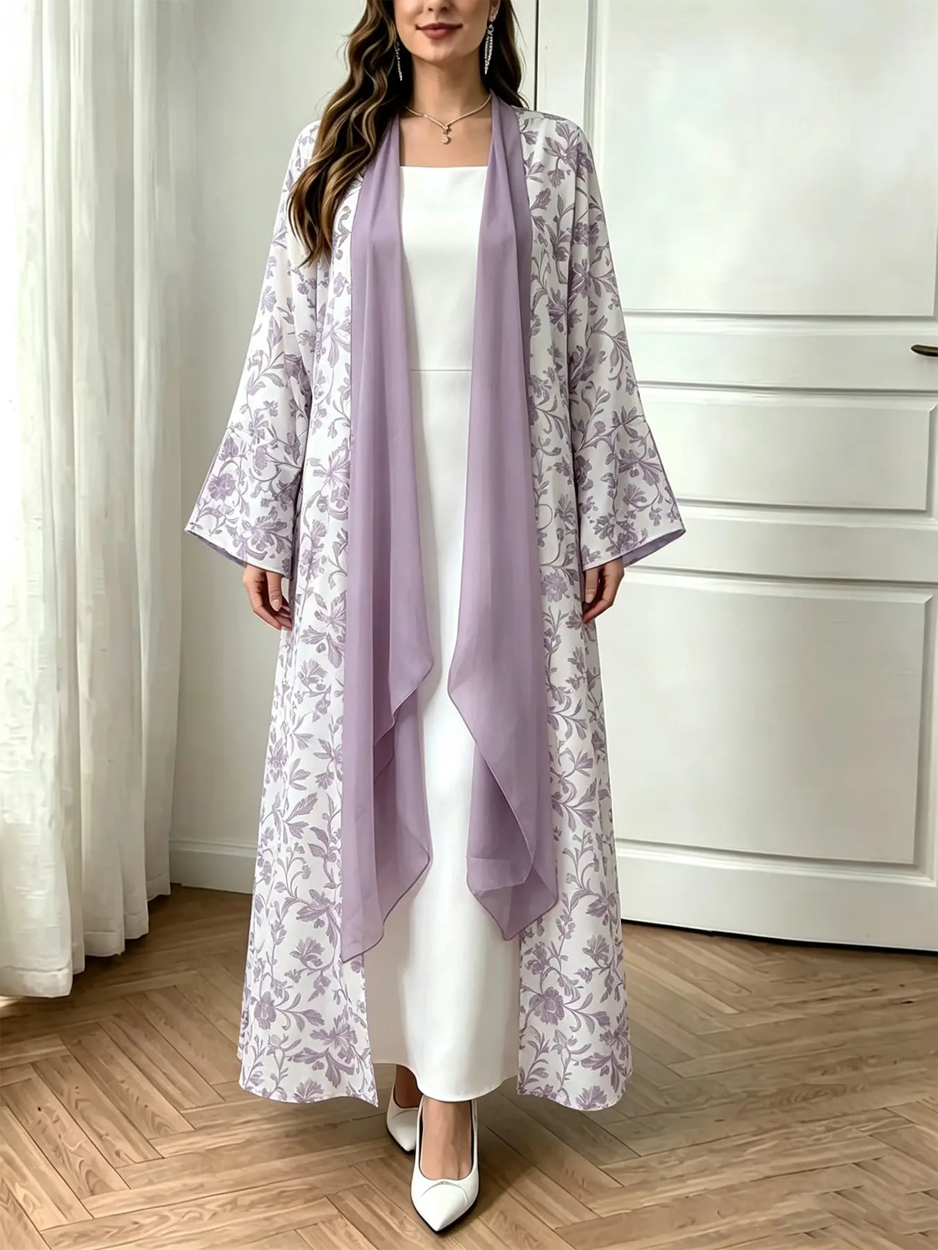 Women Lilac Floral Pattern Flared Long Abaya Outerwear, Two Tone Ruffle Trim, Loose-Fit, Breathable, Casual Elegant All-Season Robe