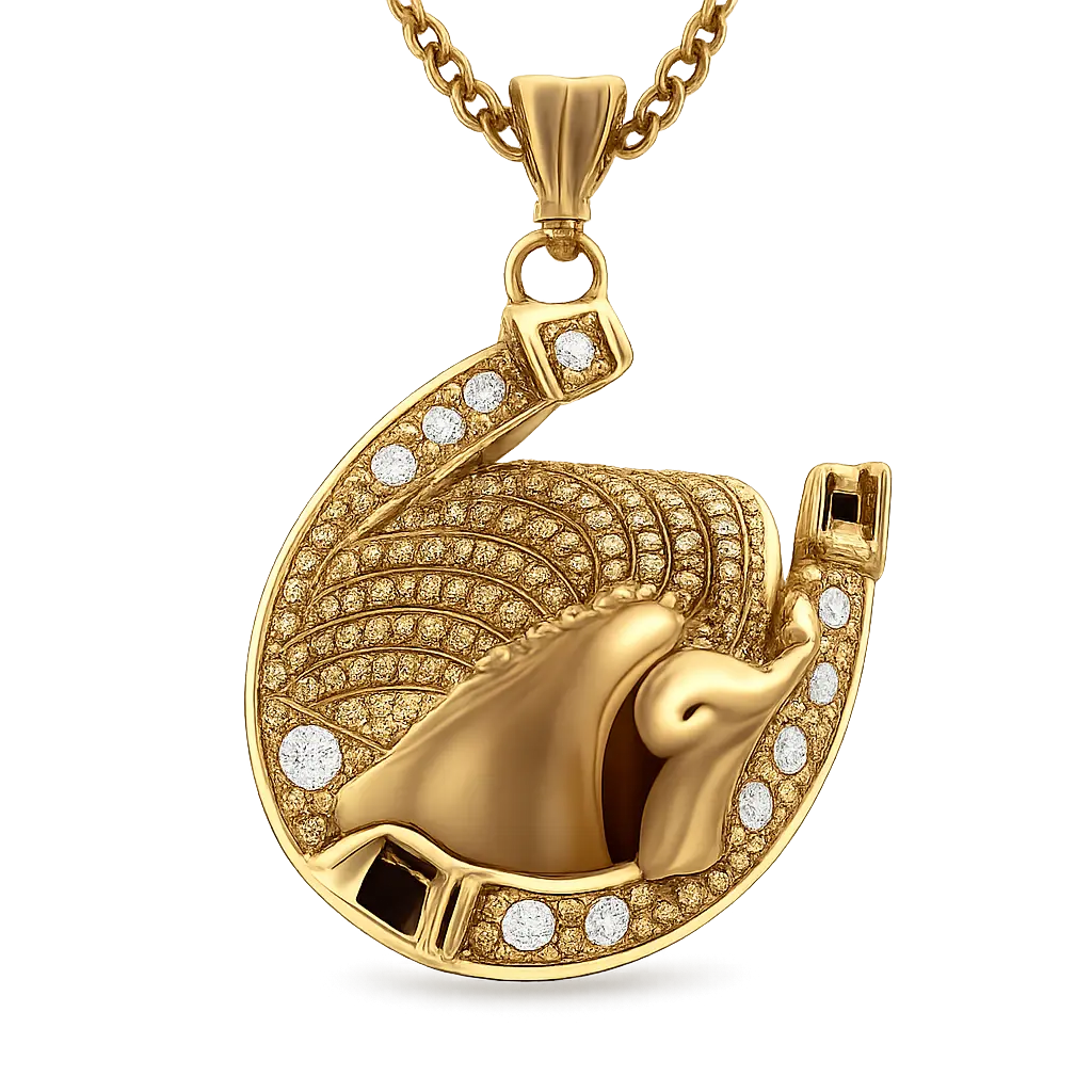 Gold Horse and Horseshoe Pendant Necklace with Rhinestone Accent