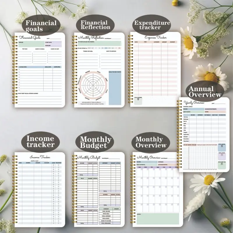 1 gold magnet-themed spiral design notebook, sized 13.97 x 21.08 cm, with pages for detailed financial tracking, budgeting, investments, and income and expenses, can be used as an undated transaction journal