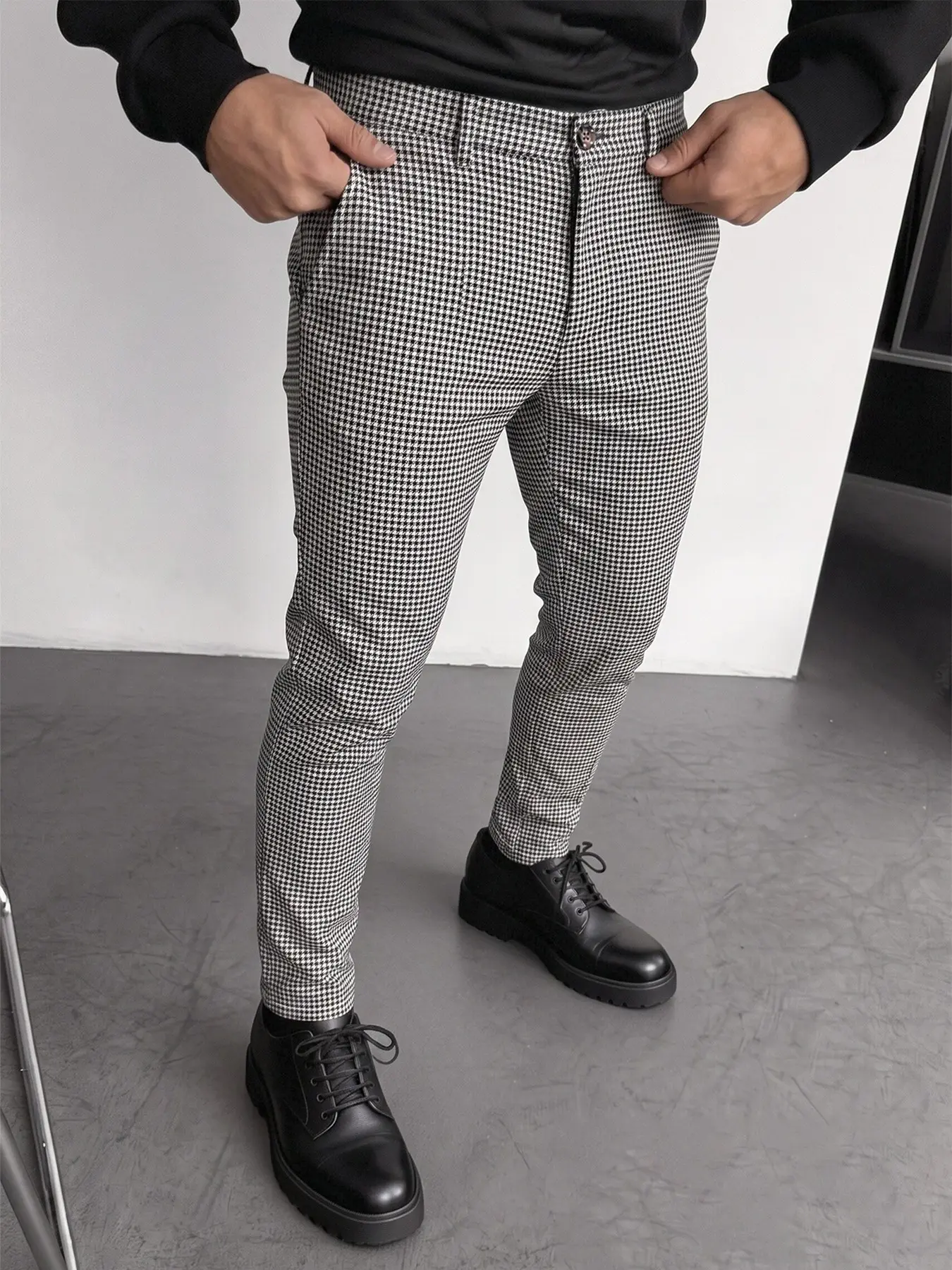 Men's Houndstooth Slim-Fit Suit Pants, Anti-Wrinkle Business Casual Long Pants, Button Fly, Pockets, All Seasons, Comfortable Office Wear, Smart Casual