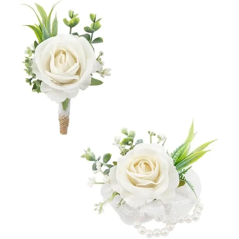 Ivory White Corsage and Boutonniere Set Artificial Rose Flower Wrist Corsage and Boutineers for Groom Groomsmen Bride Bridesmaids Prom Rustic Vintage Wedding Decor